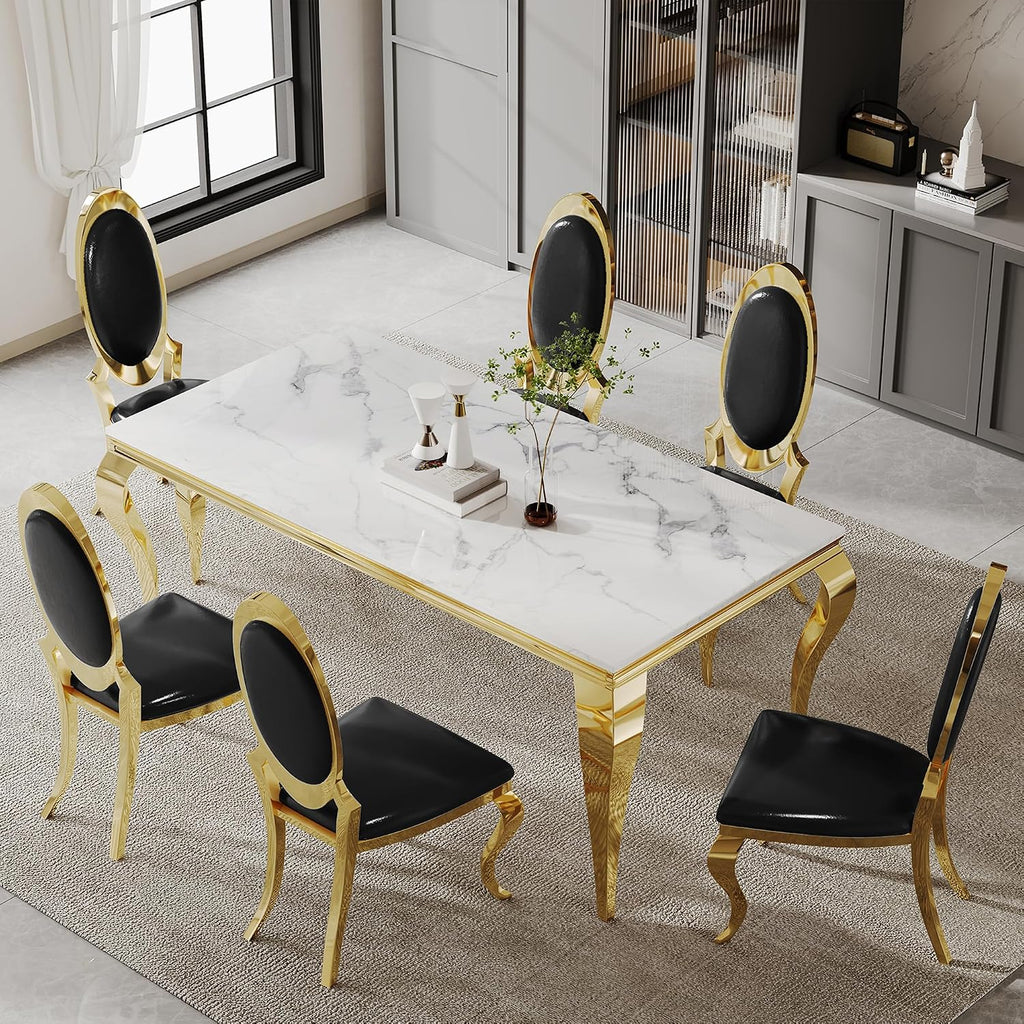 AF ARTISAN FURNITURE Modern Marble Dining Table Set of 6-70' Faux Marble Kitchen Table with 6 Leather Chairs, White Marble Top & Gold Mirrored Stainless Steel Legs, 6 Pieces Black High Back Chairs-c