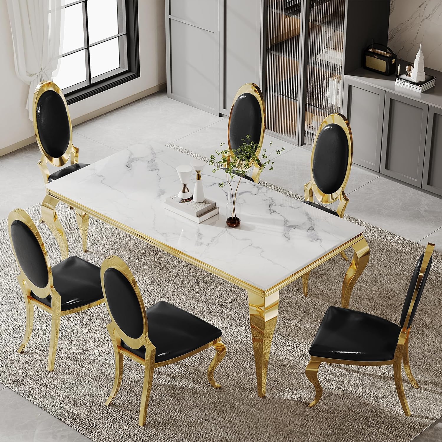 AF ARTISAN FURNITURE Modern Marble Dining Table Set of 4-70' Faux Marble Kitchen Table with 4 Leather Chairs, White Marble Top & Gold Mirrored Stainless Steel Legs, 4 Pieces Black High Back Chairs-c