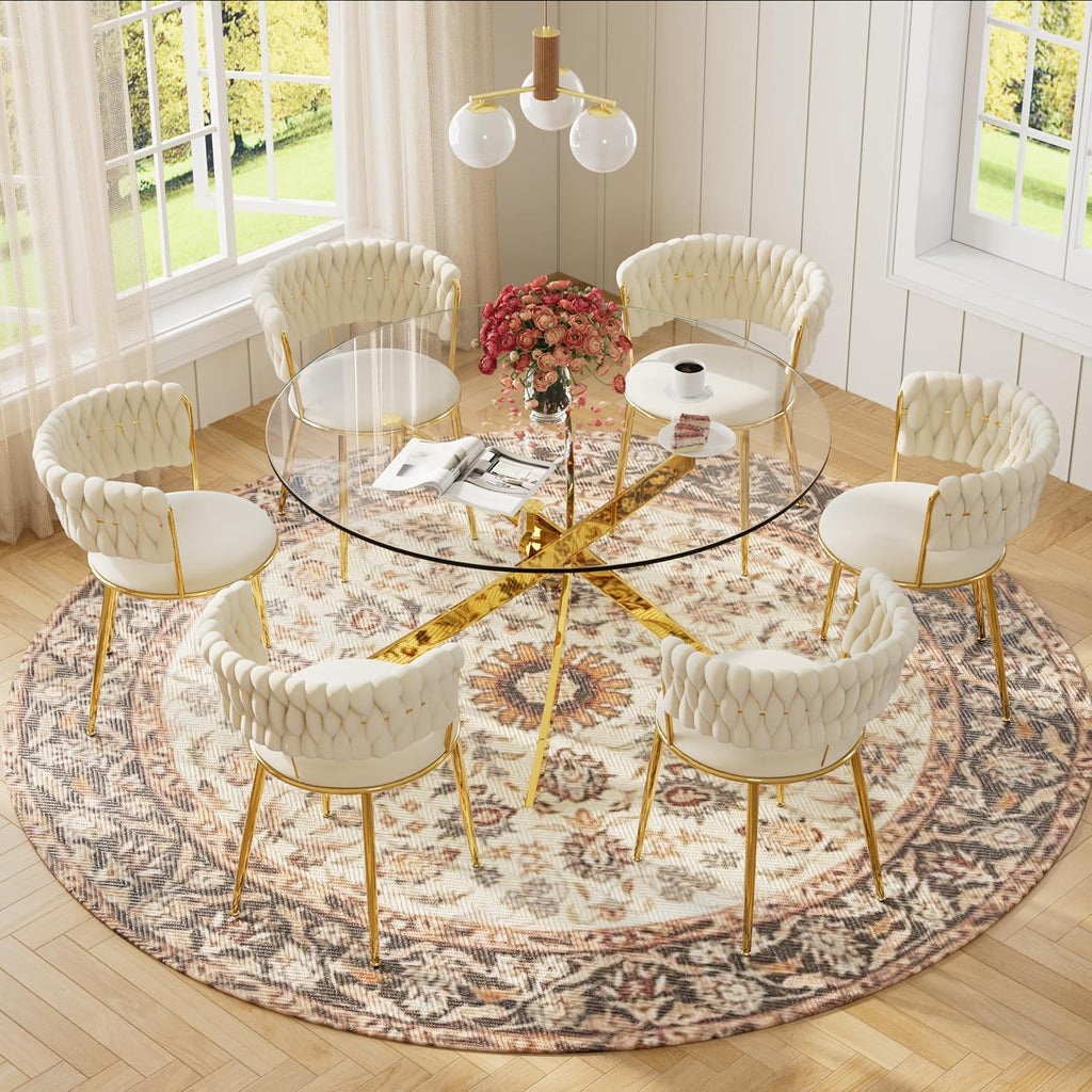 47'' Round Glass Dining Table Set for 6, Modern Glass Kitchen Table Set with Gold Base & 6 Luxury Beige Gold Velvet Dining Chairs, 7-Piece Circle Dinner Table Set for Home Apartment