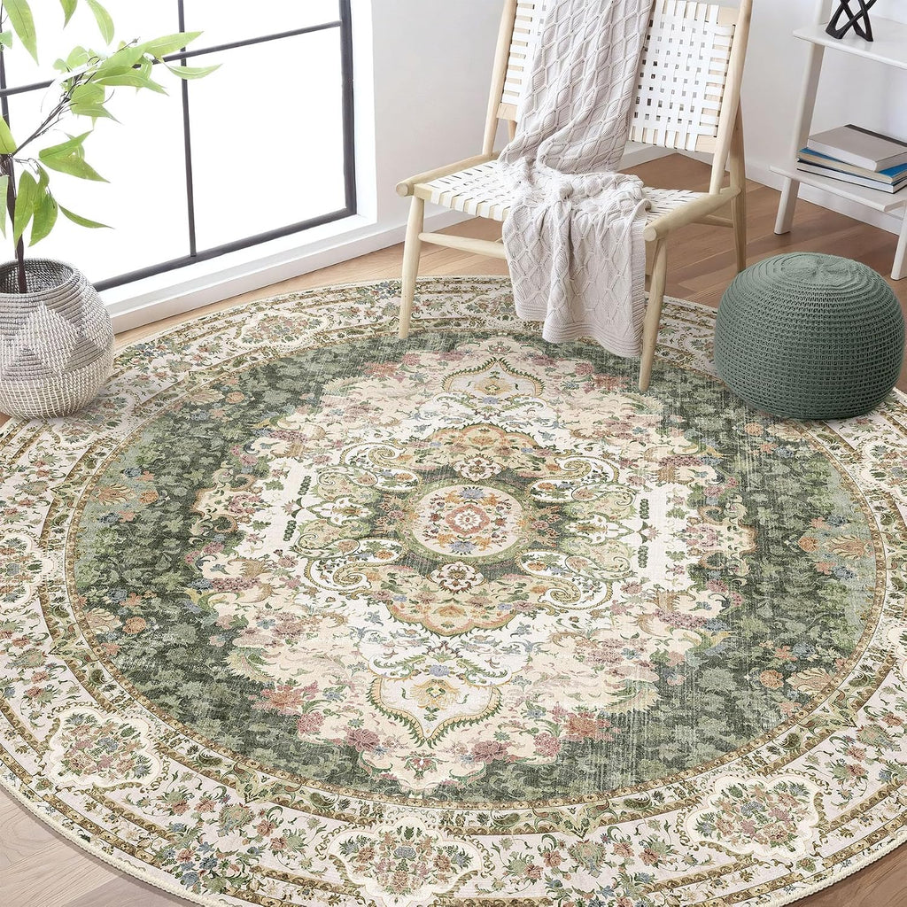 Green Round Rug 6ft,Large Circle Area Rugs for Bedroom Living Room Dining Room,Washable Boho Vintage Bohemian Distressed Oriental Carpet Non Slip,Sage Floral
