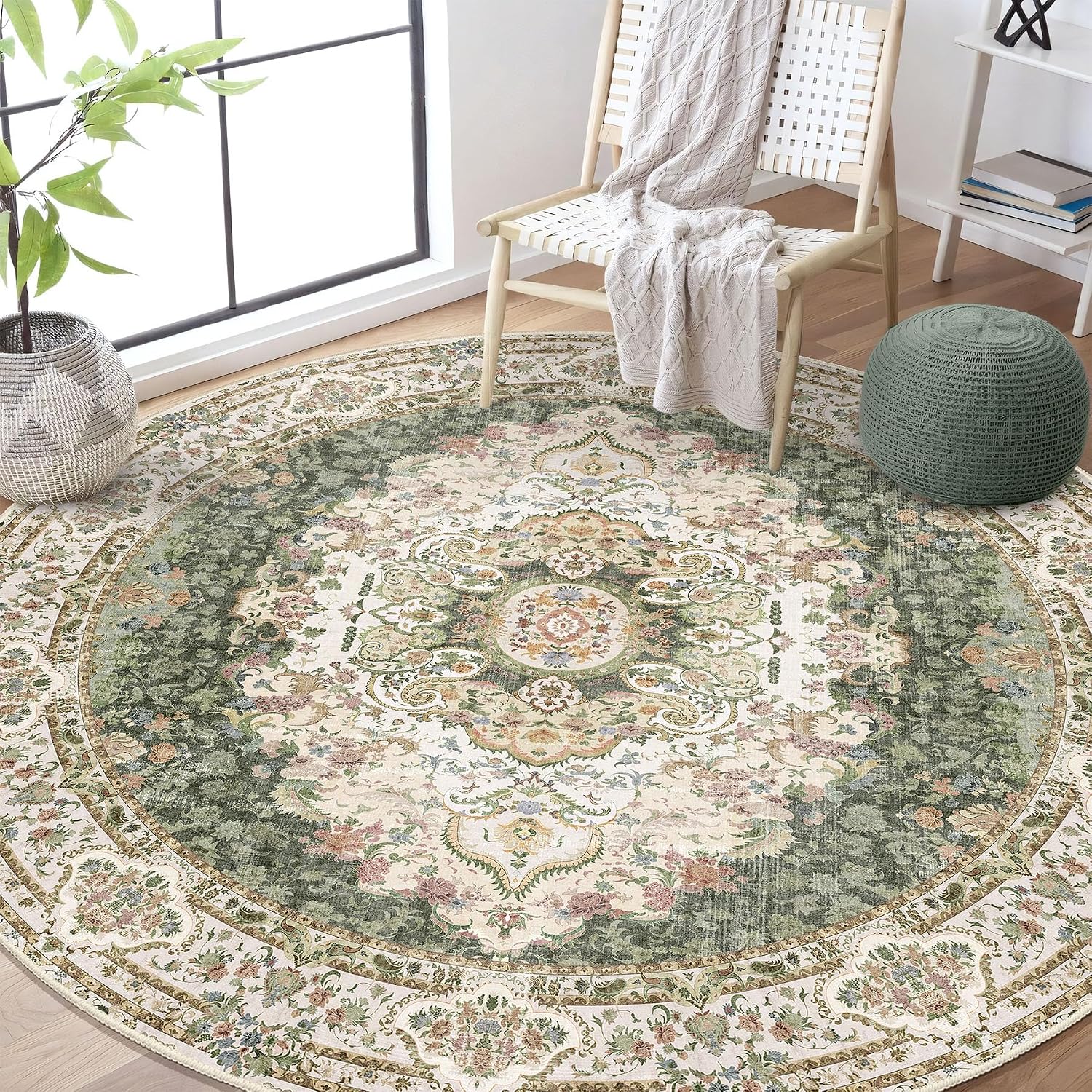 Green Round Rug 6ft,Large Circle Area Rugs for Bedroom Living Room Dining Room,Washable Boho Vintage Bohemian Distressed Oriental Carpet Non Slip,Sage Floral