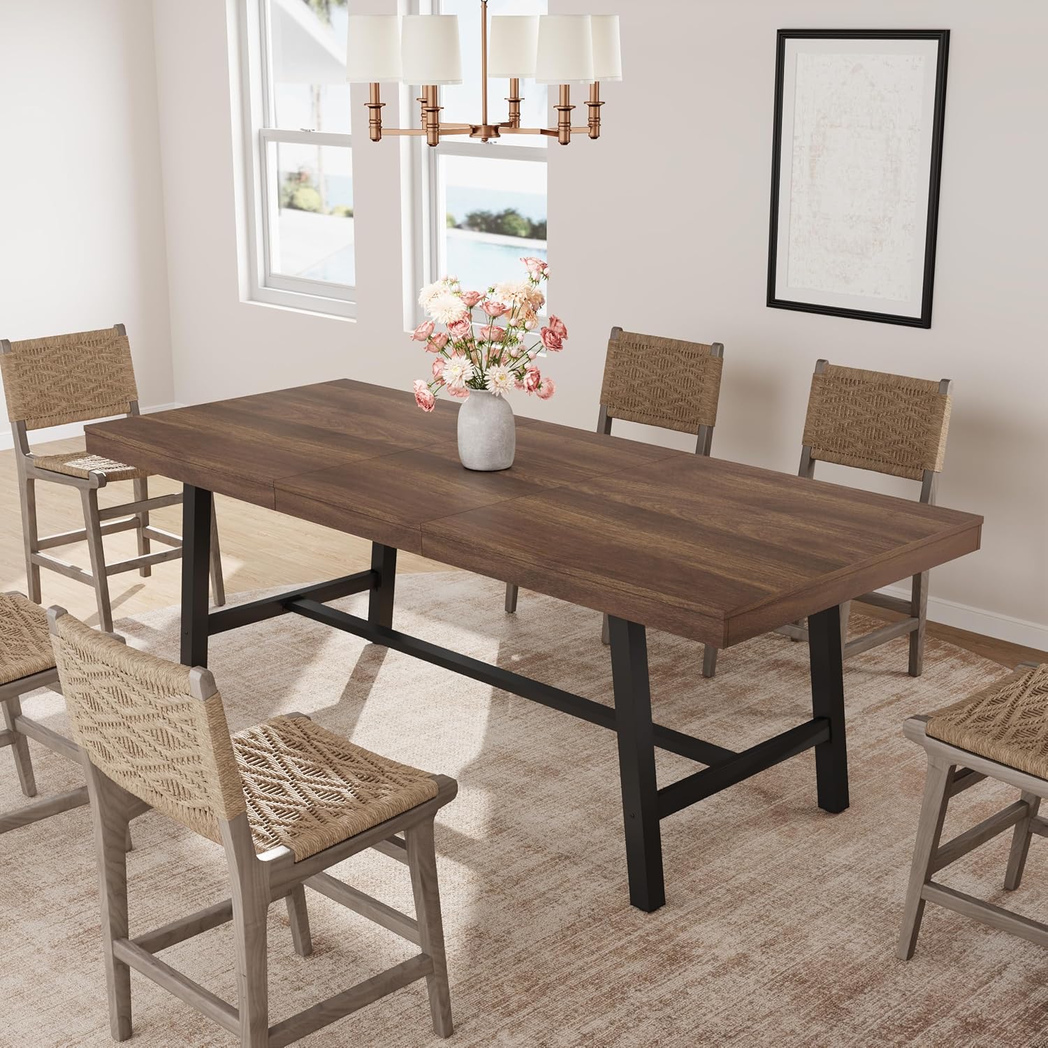 GarveeHome 63-83' Extendable Dining Table, Industrial Rectangular Dining Room Table for 6-8 People, Expandable Kitchen Table with Heavy Duty Metal Frame for Dining Room, Kitchen & Parties, Brown