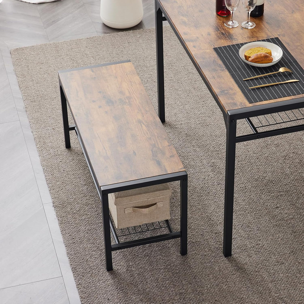 Karl home 4-Piece Dining Table Set for 4, Modern Kitchen Table Chairs Set for Small Space,Apartment, Storage Rack, Rectangular Table, Bench, 2 Chairs, Metal Frame-Retro Brown