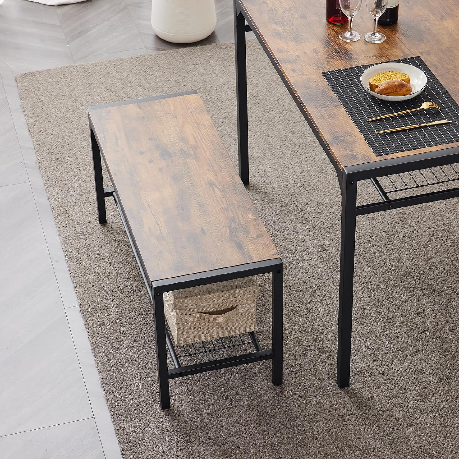 Karl home 4-Piece Dining Table Set for 4, Modern Kitchen Table Chairs Set for Small Space,Apartment, Storage Rack, Rectangular Table, Bench, 2 Chairs, Metal Frame-Retro Brown