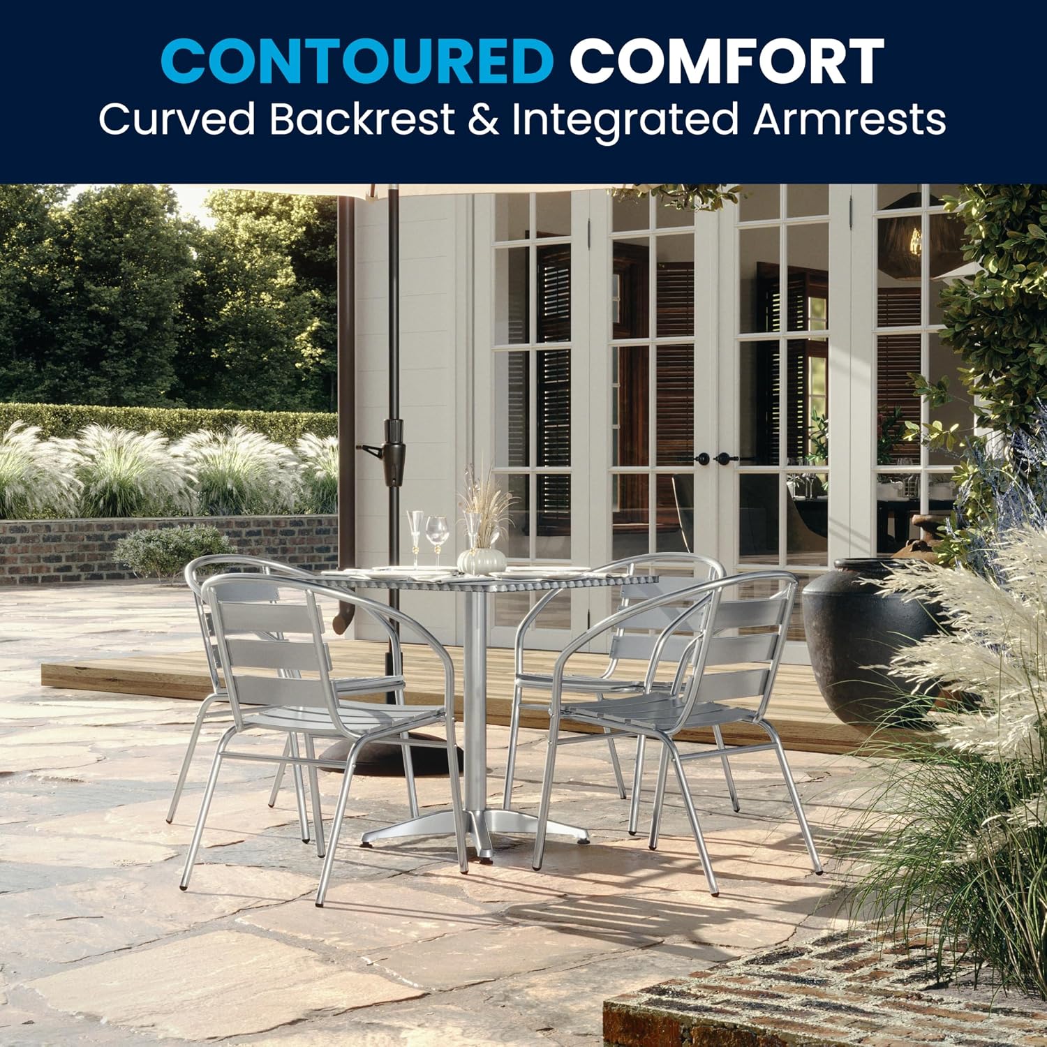 Flash Furniture Aluminum 5-Piece Patio Dining Set with Square Table and 4 Slat Back Chairs, Indoor/Outdoor Bistro Table and Chairs Set, Silver
