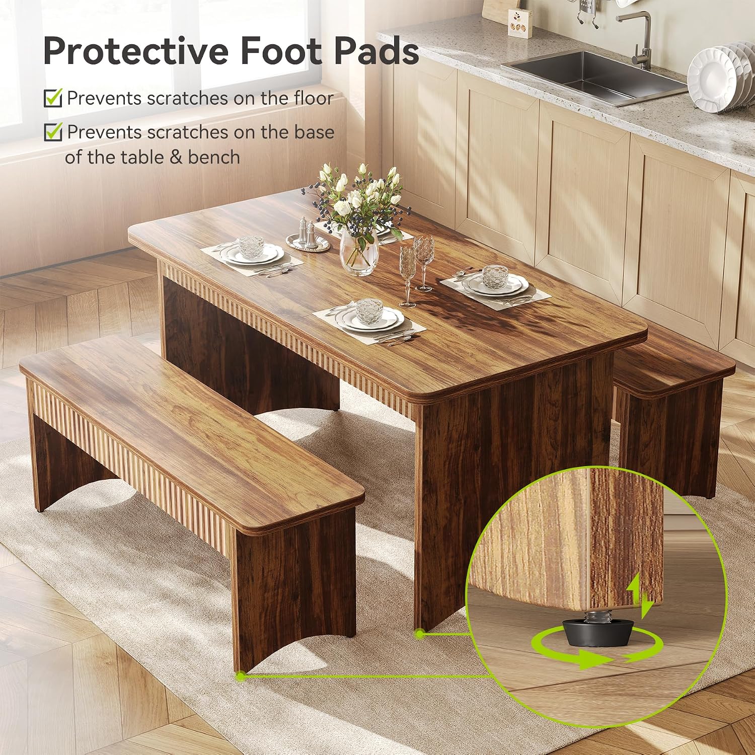 LITTLE TREE 55' Dining Table with 2 Benches, Dining Table Set for 4-6 People, Farmhouse Kitchen Table with Bench, Dining Room Table Set