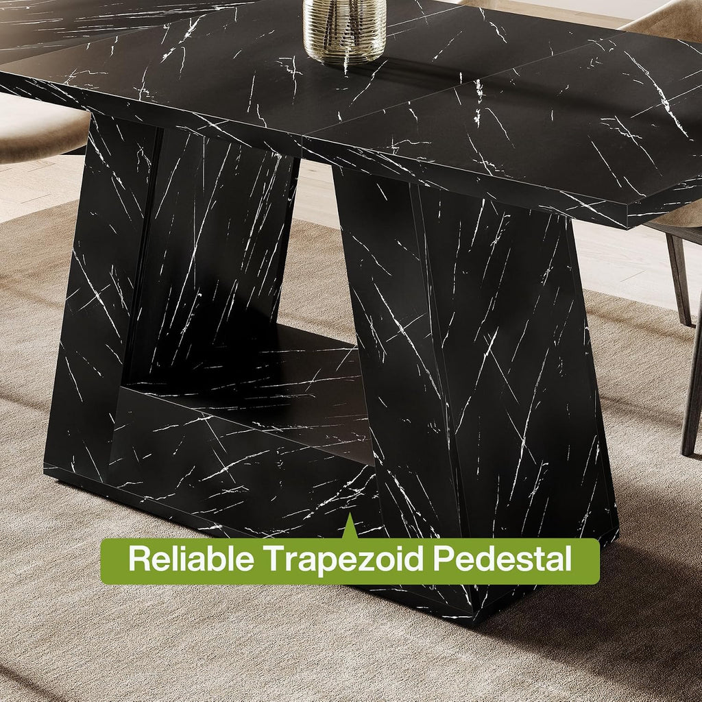 LITTLE TREE Dining Table for 4-6 People, 63 Inches Dining Room Table with Wooden Triangle Pedestal Base, Black Faux Marble Rectangle Dinner Kitchen Table for Dining Room, Kitchen, Living Room