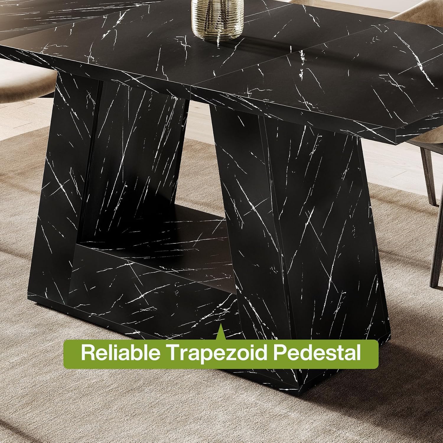 LITTLE TREE Dining Table for 4-6 People, 63 Inches Dining Room Table with Wooden Triangle Pedestal Base, Black Faux Marble Rectangle Dinner Kitchen Table for Dining Room, Kitchen, Living Room