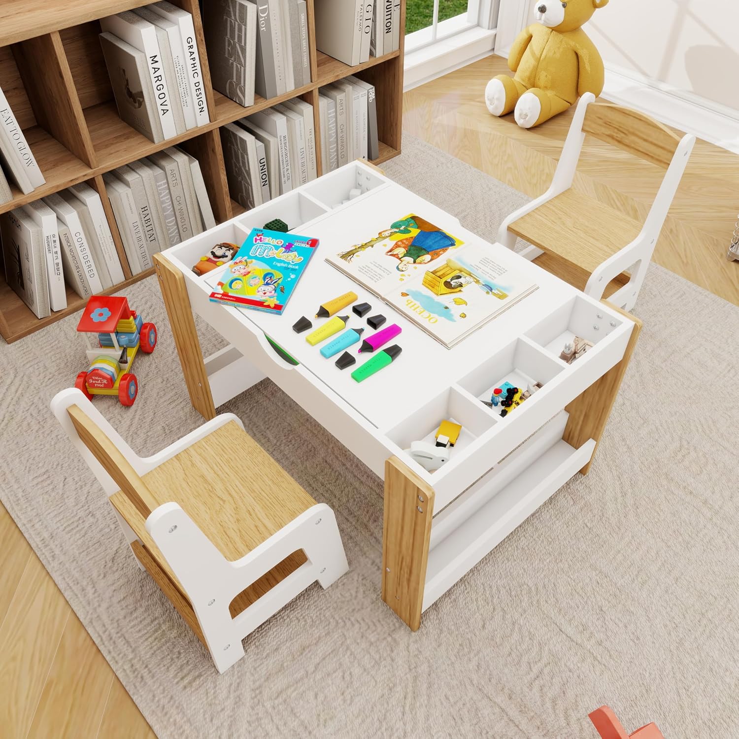 3 in 1 Play Table & 2 Chairs Set, Gaming Table with 7 Storage Compartments Compatible with LEGO Building Block, Modern Activity Learning Table Game Furniture, White+Green