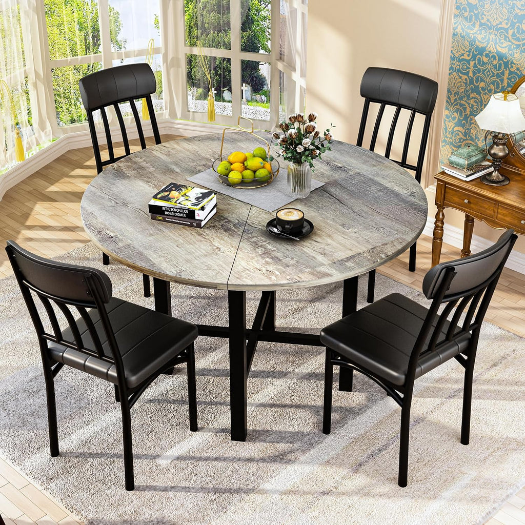 AWQM Round Dining Table Set for 4, Wood Circle Kitchen Table and Chairs Set for 4, Modern Dining Room Sets with 4 Faux Leather Chairs, Round Dinner Table for Small Space, Grey