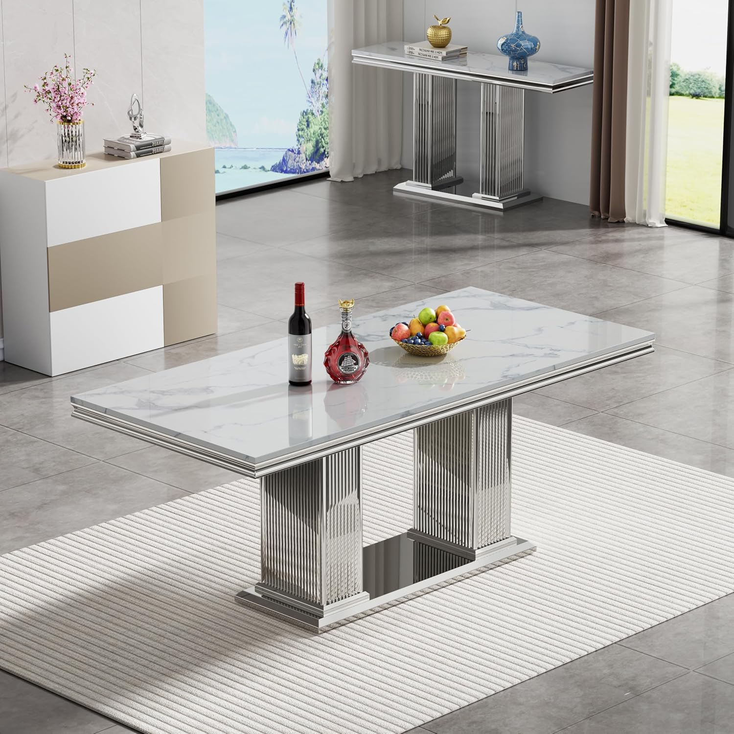 68' White Marble Dining Table for 6 to 8, Luxury Large Rectangular Faux Marble Tabletop & Silver Double Pedestal Base, Mid Century Modern Kitchen Dining Room Table for Dinner Family Gathering