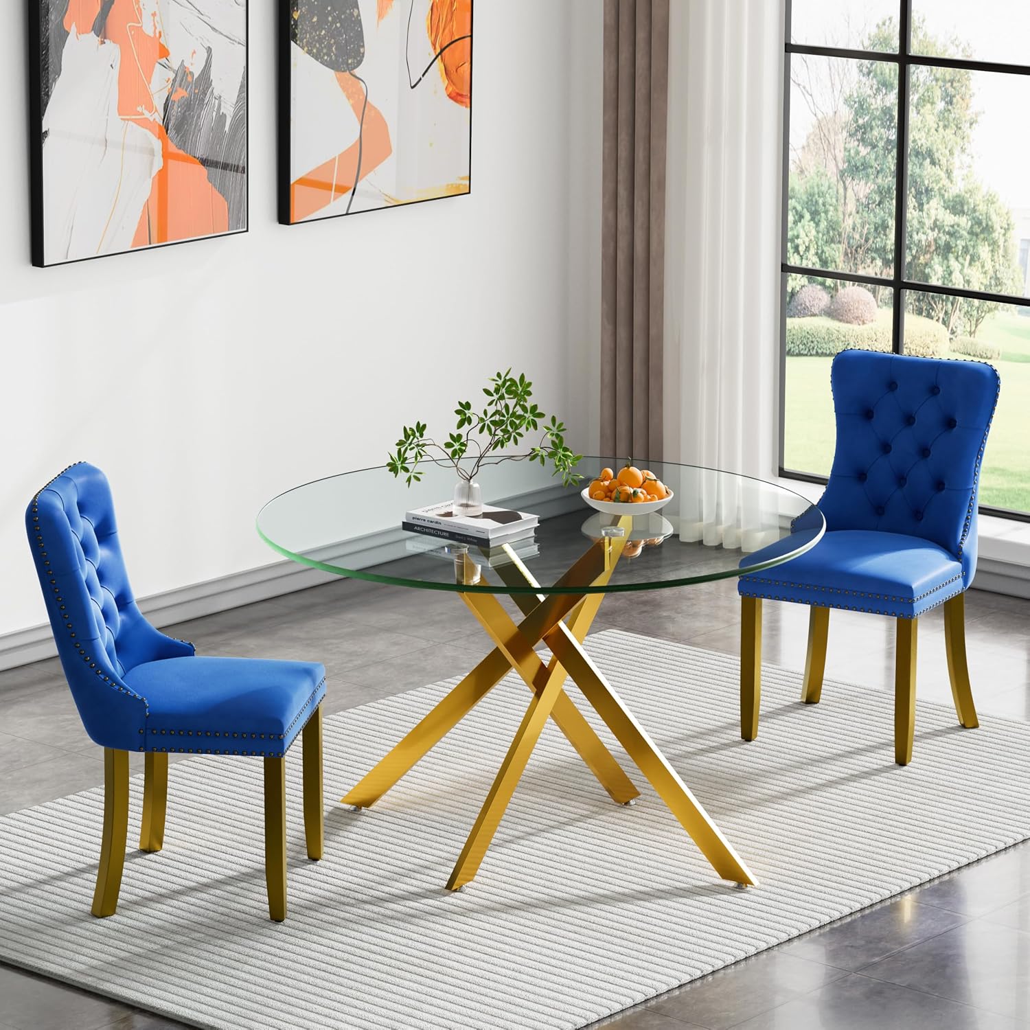 HomVent 3 Piece Round Glass Dining Table Set, Tempered Glass Dinner Table Set for 2 Kitchen Table Set with 2 Velvet Upholstered Chairs for Kitchen Dining Room
