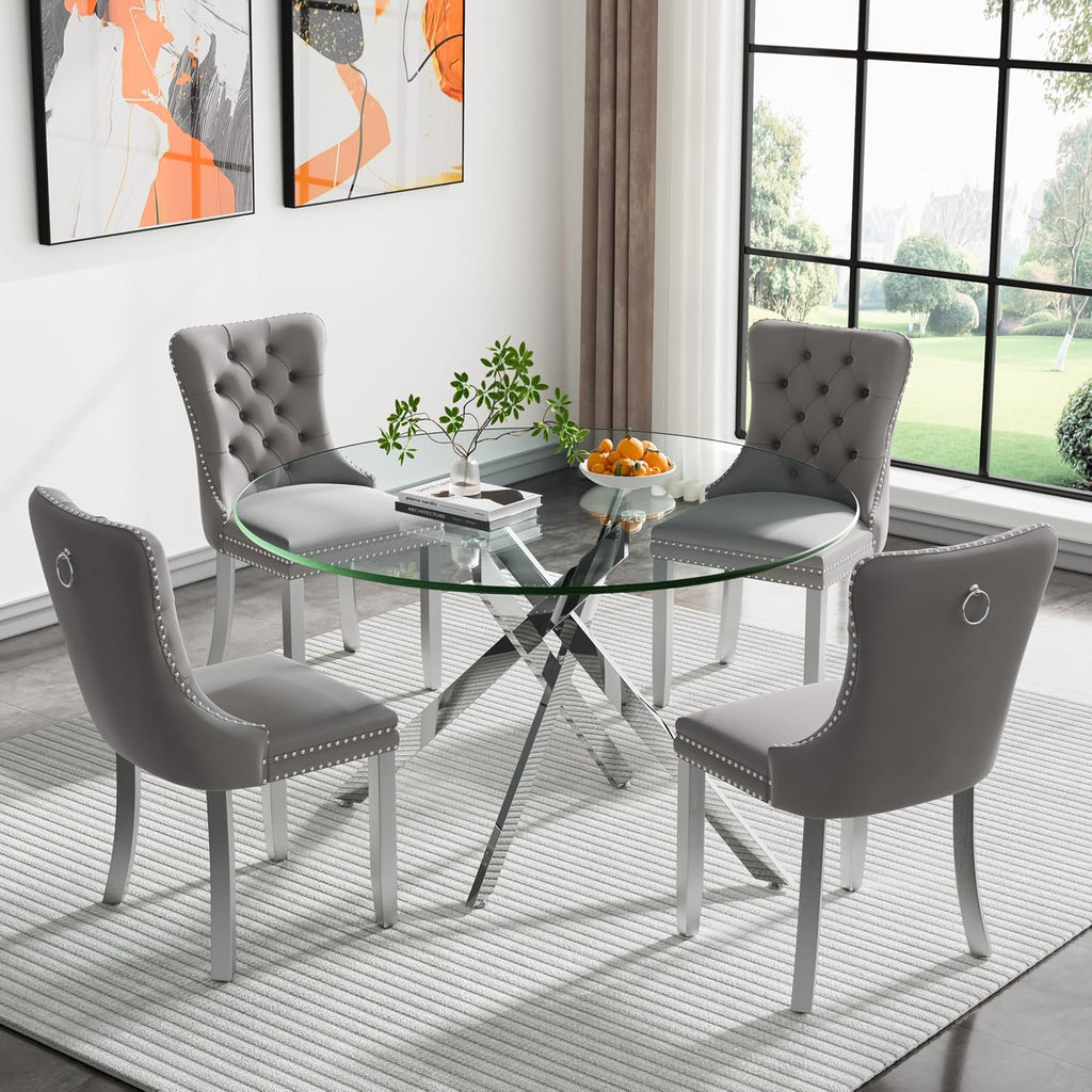HomVent 5 Piece Round Glass Dining Table Set, Tempered Glass Dinner Table Set for 4 Kitchen Table Set with 4 Velvet Upholstered Chairs for Kitchen Dining Room
