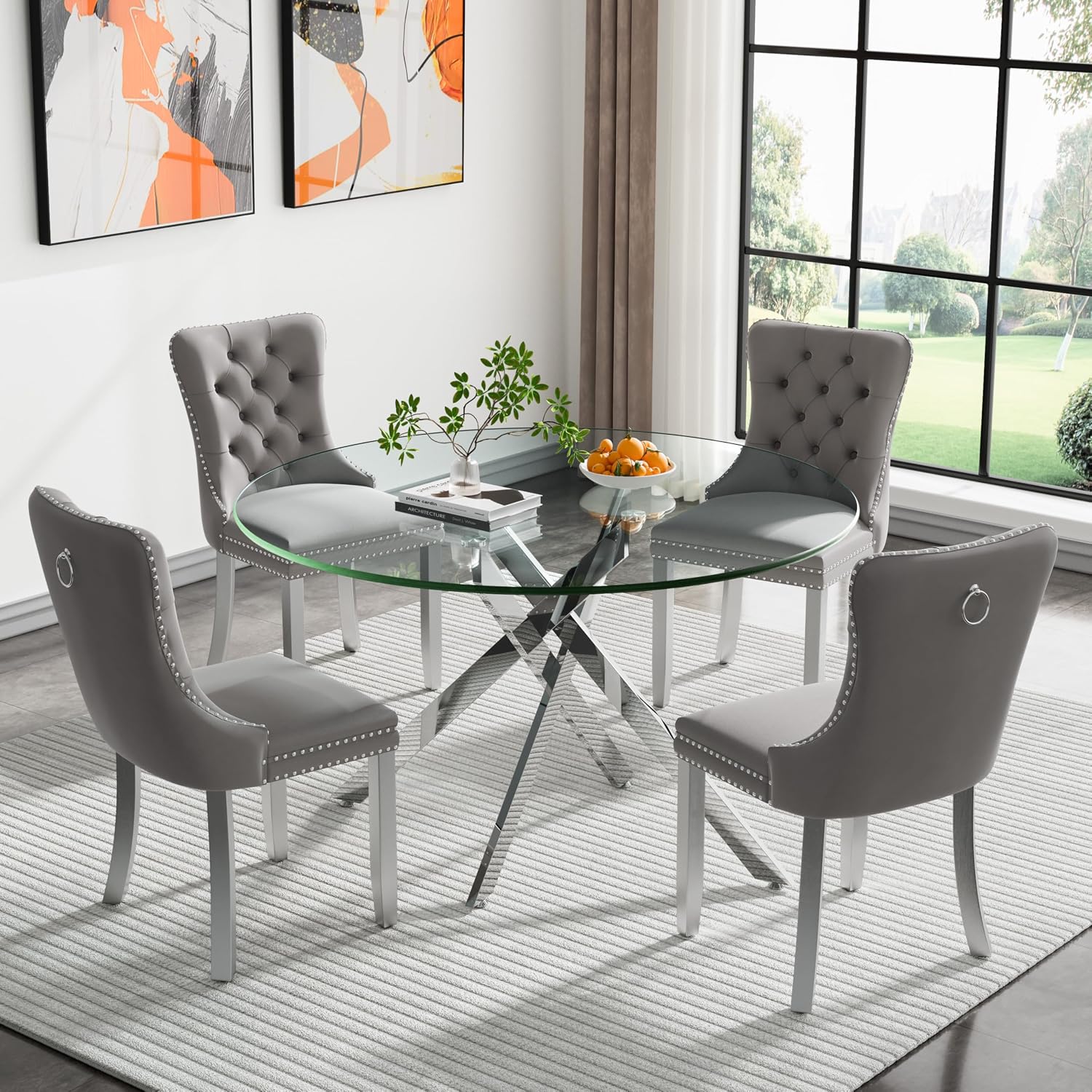 HomVent 5 Piece Round Glass Dining Table Set, Tempered Glass Dinner Table Set for 4 Kitchen Table Set with 4 Velvet Upholstered Chairs for Kitchen Dining Room