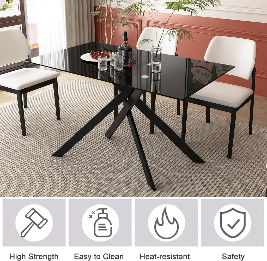 51.18' Rectangular Glass Dining Table, Tempered Glass Kitchen Tabe with Metal Legs, Stylish and Sturdy Dinner Table for Home and Outdoor Dining (Full Black, 51.18'')