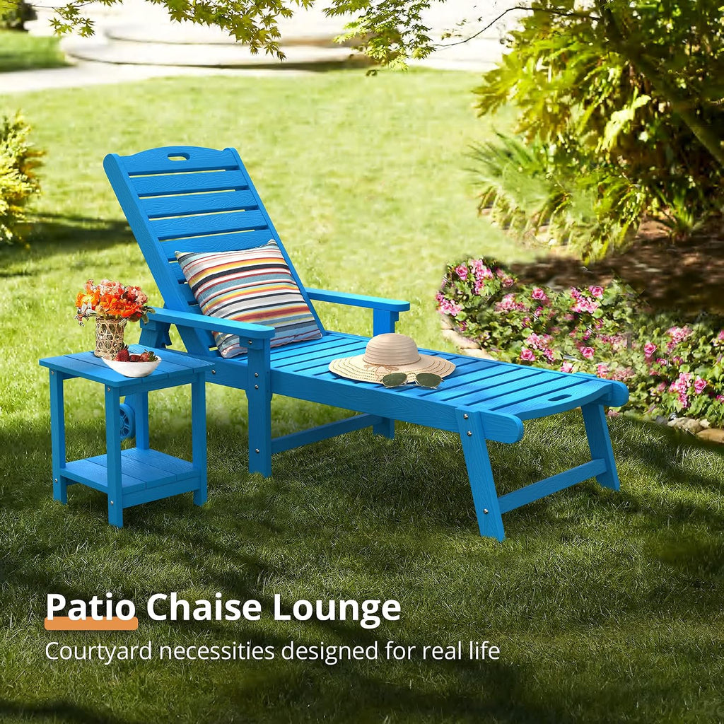 LUE BONA Chaise Lounge Chair with Table, 3-Piece, HDPS Chaise Lounger, 5 Positions Adjustable Lounge Chairs, Pool Lounge Chair with Wheels for Poolside, Backyard, Blue