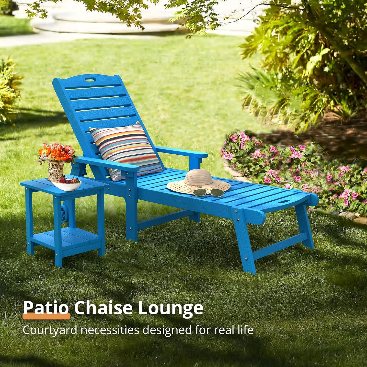LUE BONA Chaise Lounge Chair with Table, 3-Piece, HDPS Chaise Lounger, 5 Positions Adjustable Lounge Chairs, Pool Lounge Chair with Wheels for Poolside, Backyard, Blue
