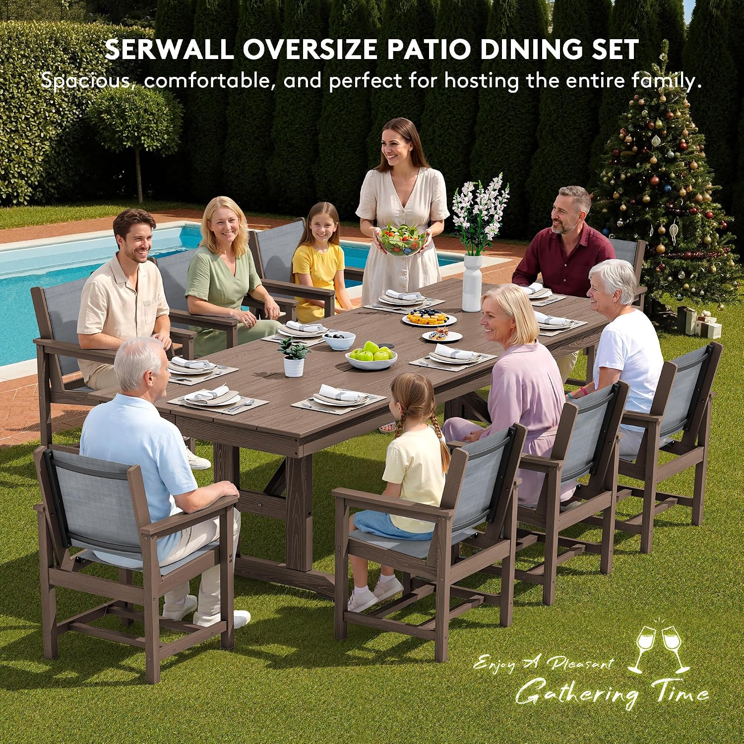 SERWALL Outdoor Dining Chairs Set of 2, All-Weather HDPE Textilene Sling Dining Chair for Backyard, Garden, Brown