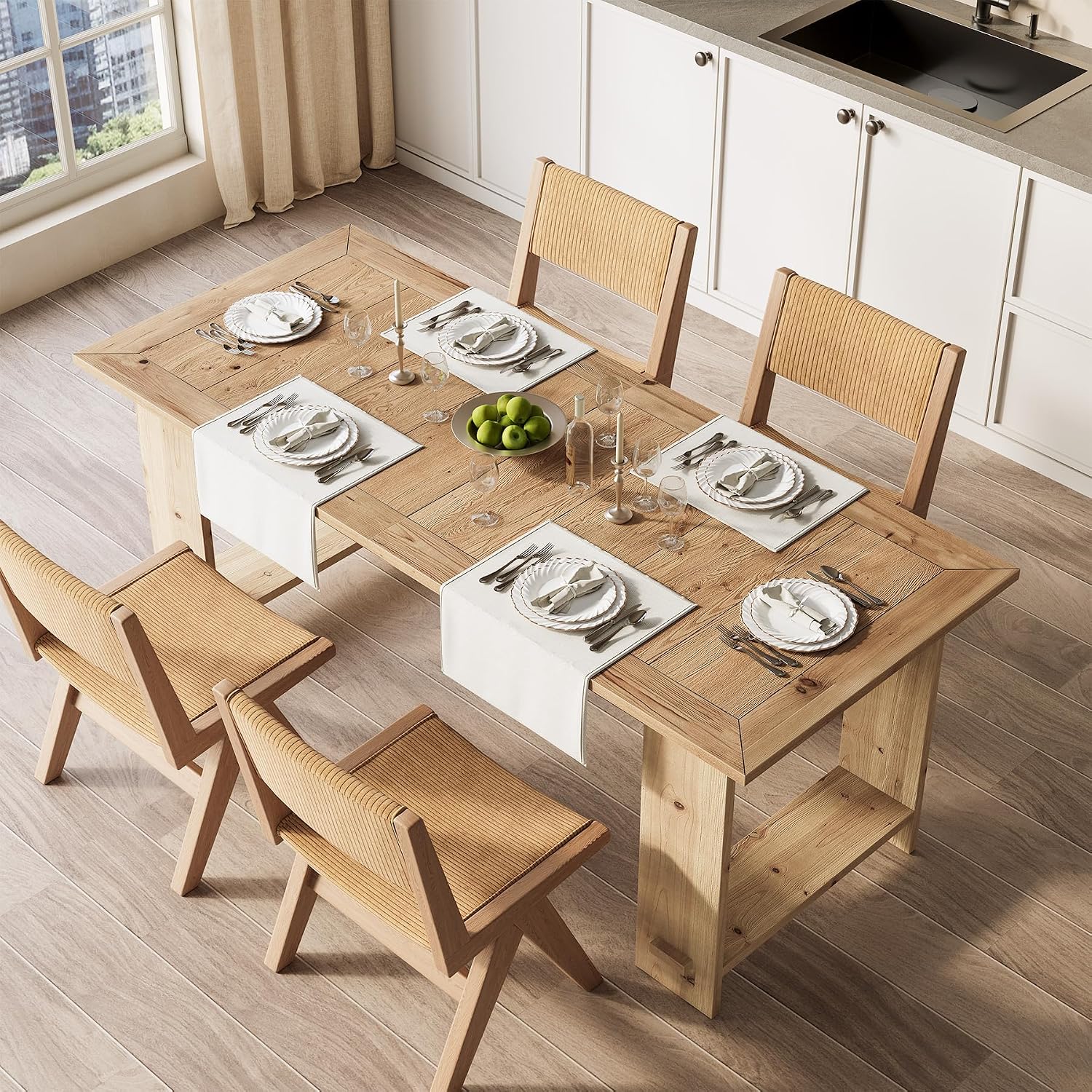 LITTLE TREE Solid Wood Dining Table for 4-6 People, 63 Inches Rectangle Kitchen Table with Heavy Duty Legs, Modern Wooden Furniture for Living Room, Dining Room, Wood Color