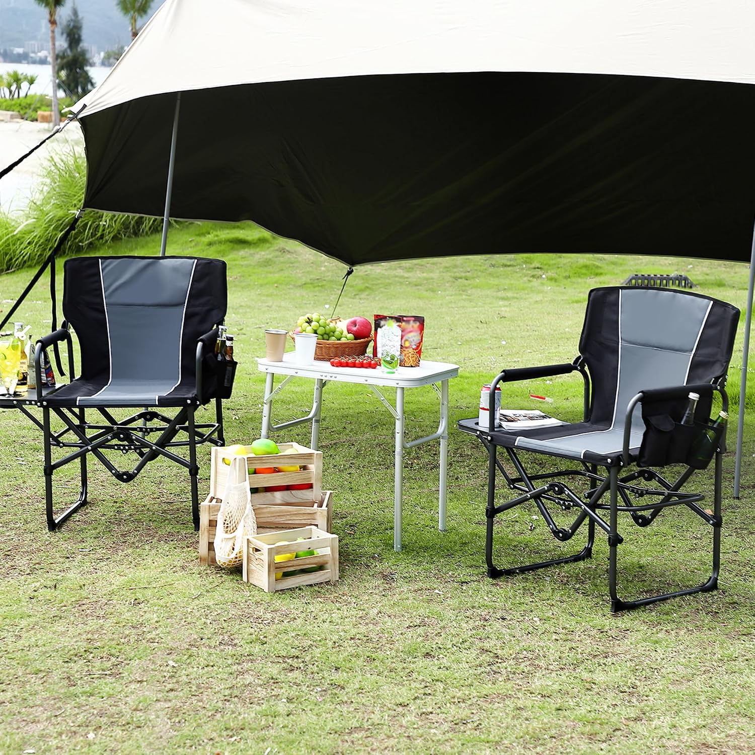 Garvee Oversized Directors Chair, Portable Folding Camping Chair for Adults Support 400 lbs, Heavy Duty Lawn Chair with Side Table, for Camping, Sports, Picnic, Beach, Fishing (Black, 2 PC)