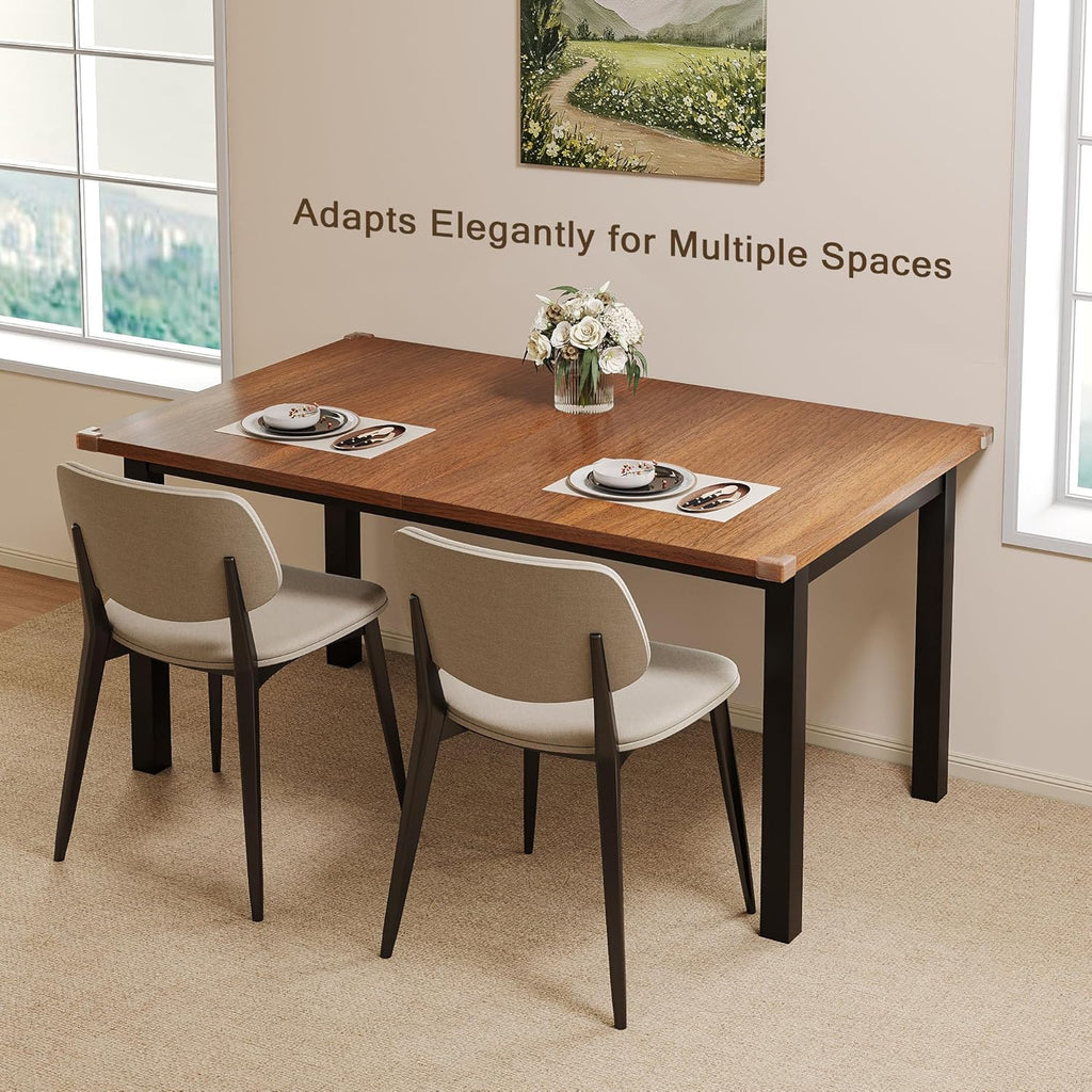 Einhomn Extendable Dining Table for 4-6, 63' Modern Kitchen Table, Farmhouse Dining Room Tables for Dining, Kitchen, Office, Living Room, Rectangular Wooden Tables, Space Saving (Walnut)