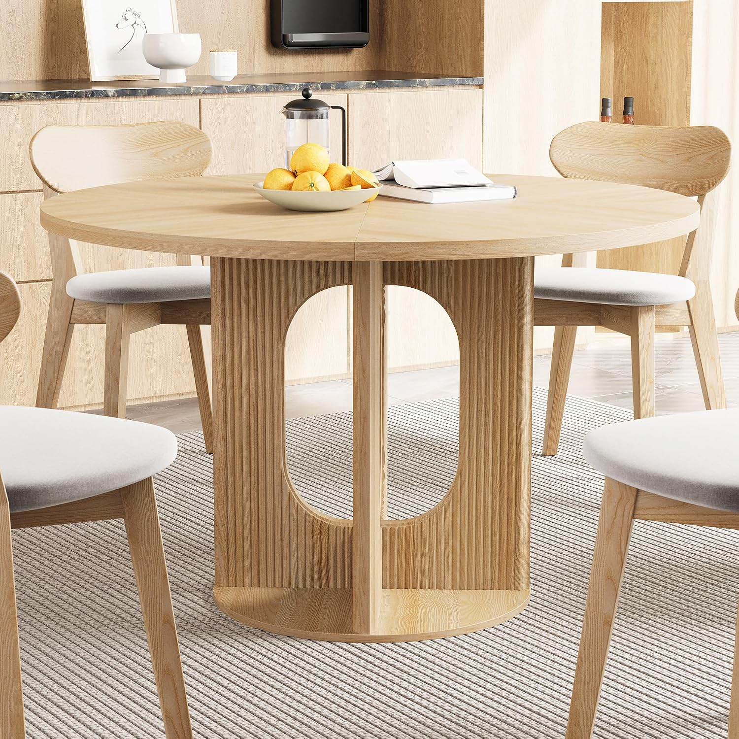 weselon Farmhouse Round Fluted Dining Table for 4, 47 Inch Circle Kitchen Table with Wooden Pedestal Base, Dinner Tables for Home Living Room Kitchen (Natural)