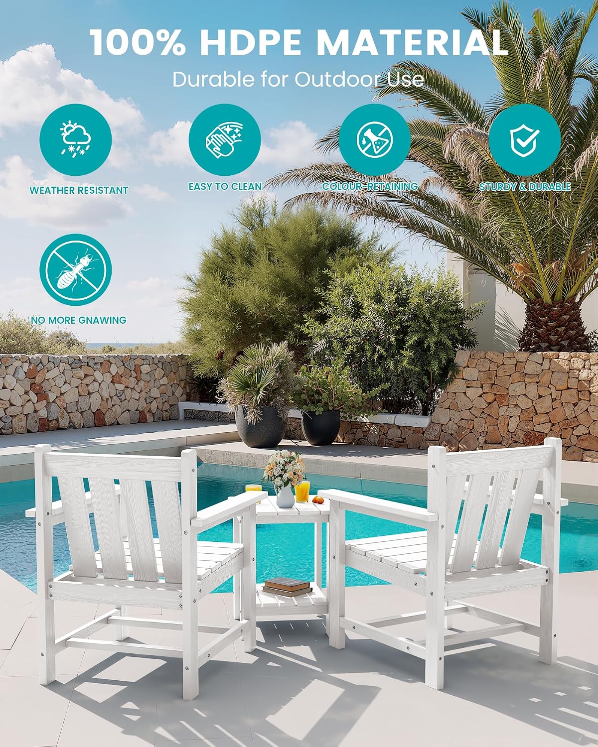 SEWRWALL 3 Pieces Patio Bistro Set, All Weather Adirondack Chair Set with Side Table, HDPE Material Outdoor Patio Furniture Set for Balcony, Porch, Garden, Backyard- White