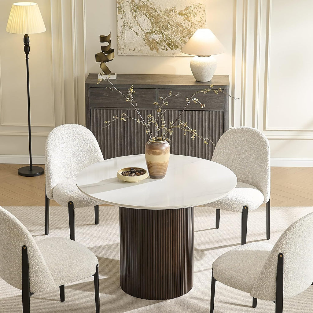 Morden Fort 42 Inch Round Dining Table for 4, Modern Marble Dining Table with Fluted Solid Wood Base for Kitchen, Dining Room and Apartment