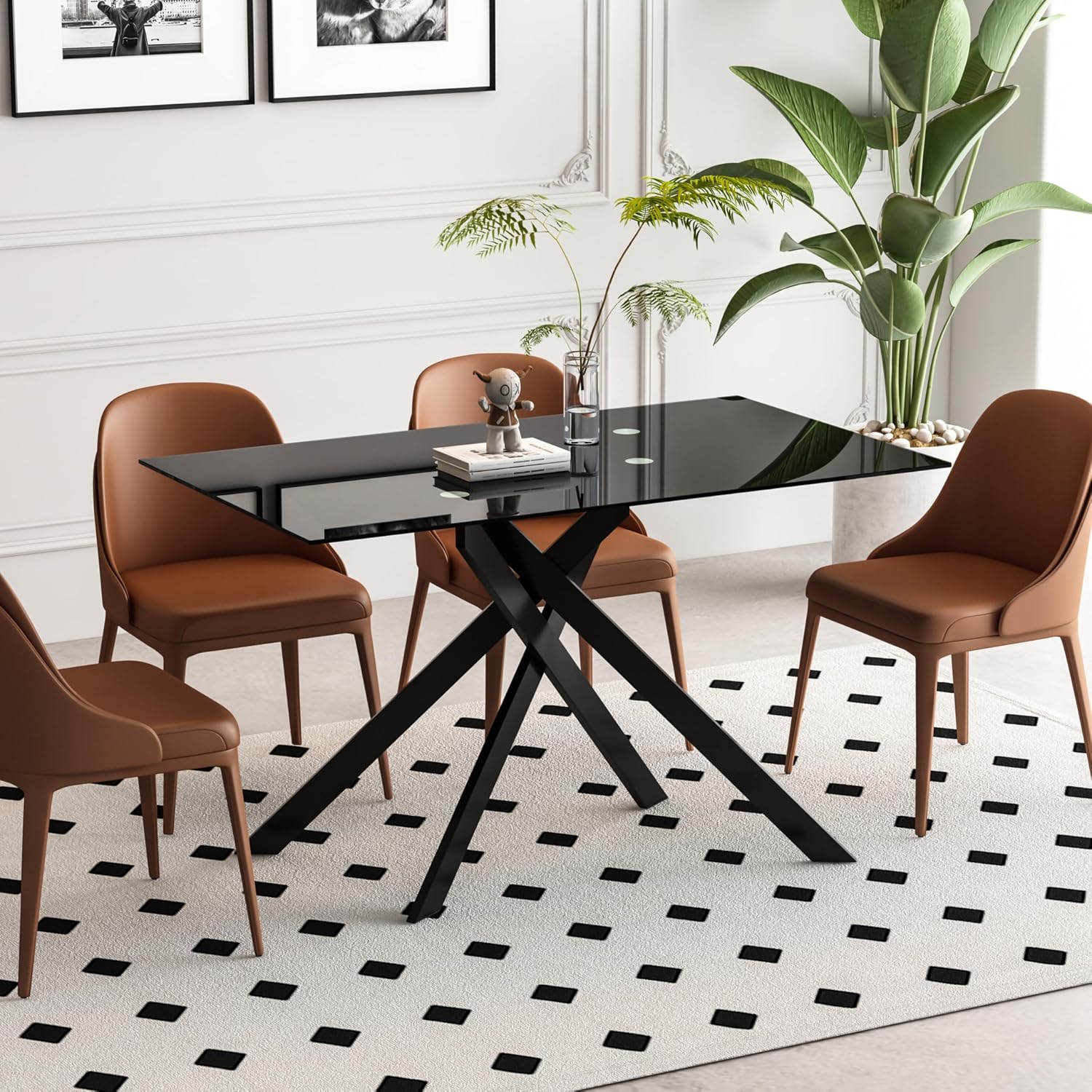 51.2' Black Glass Dining Table, Modern Kitchen Table for 4-6 People, Contemporary Rectangular Dining Room Dinner Tables with Black Glass Top & Black Metal X Legs for Kitchen Apartment