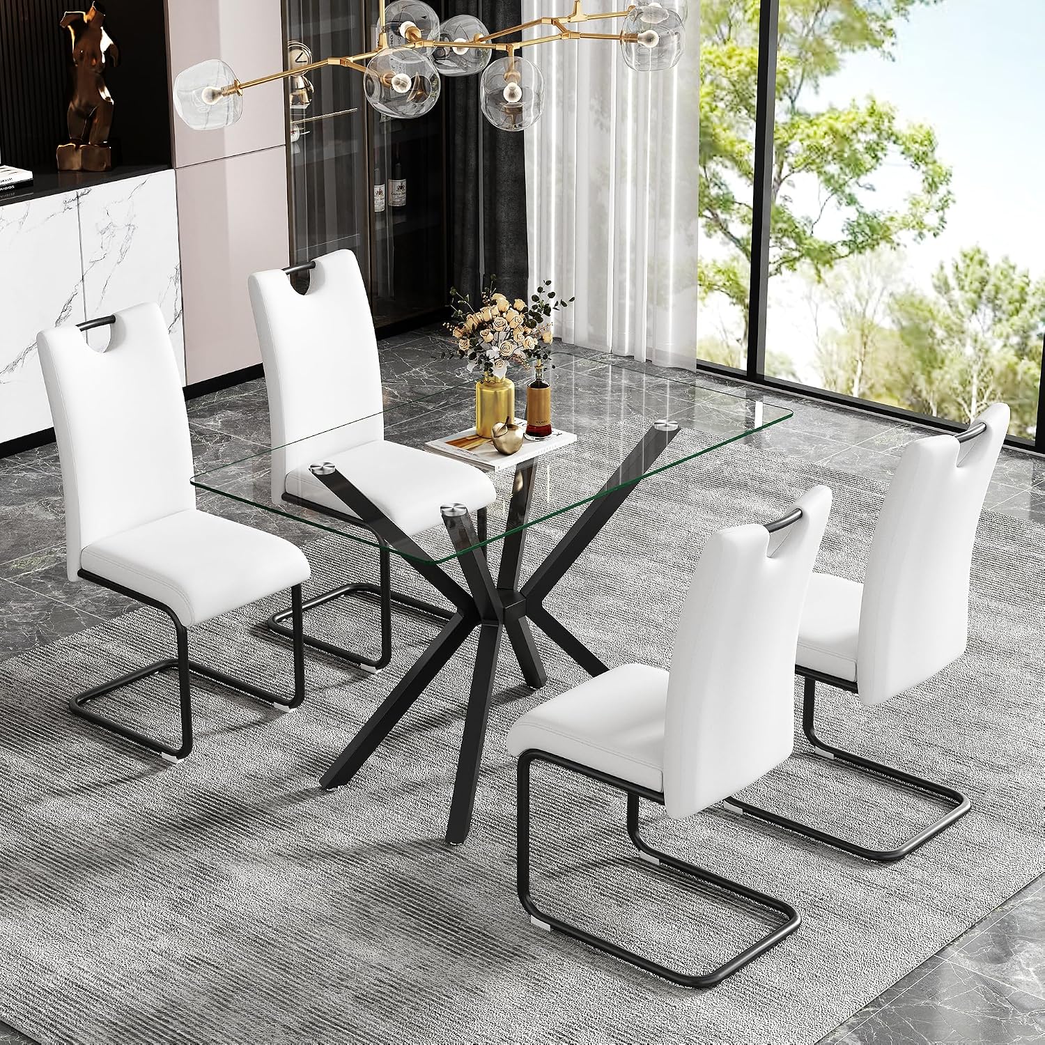47.2' Glass Dining Table, Modern Kitchen Table for 4 People, Contemporary Rectangular Dining Room Dinner Tables with Clear Glass Top & Black Metal X Legs for Kitchen Apartment