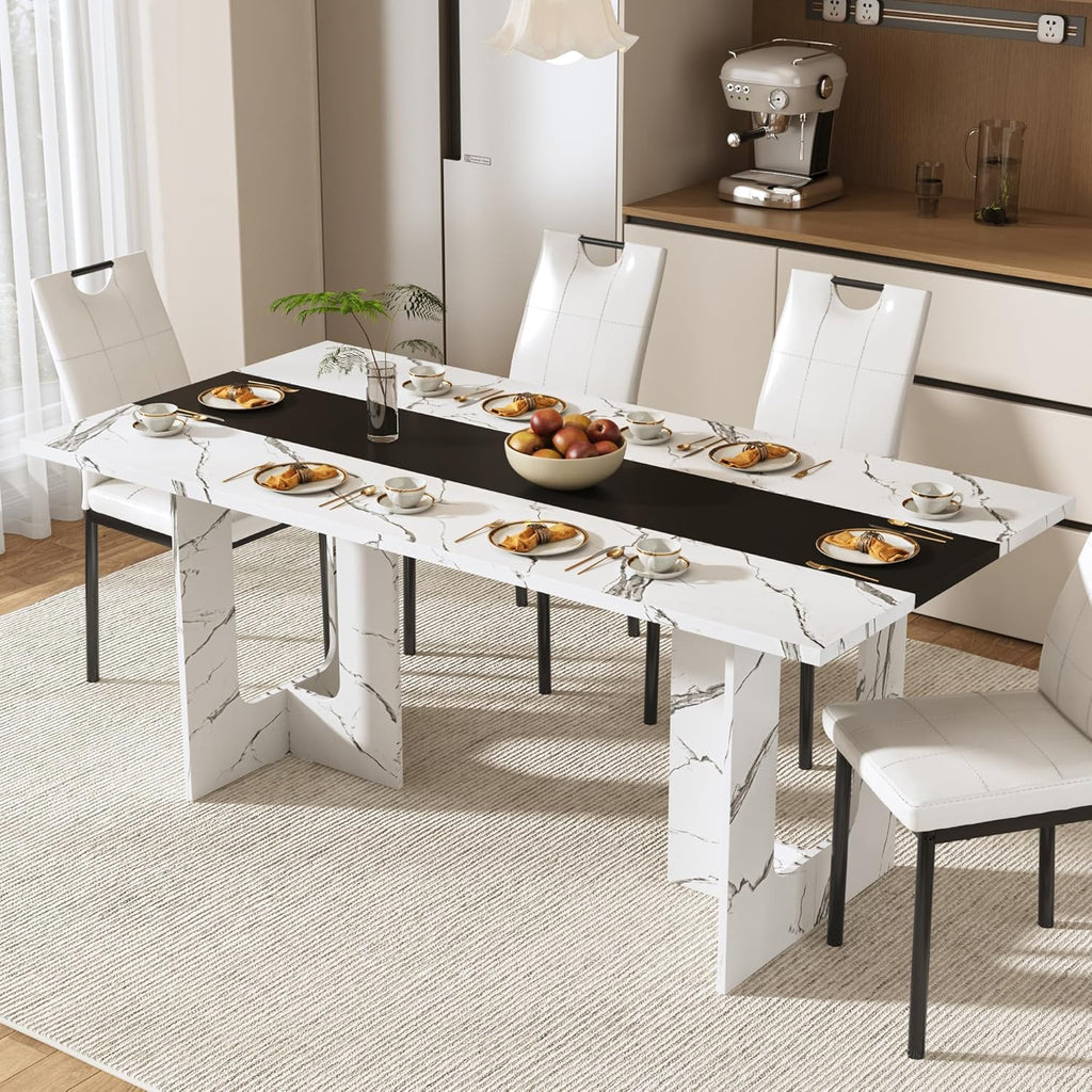 St.Mandyu 7 Pieces Dining Table & Chairs Set for 4-8 People, 71 Inch Kitchen Table with 6 Chairs, Rectangle Dining Table with Wooden Legs for Dining Room, Living Room, White