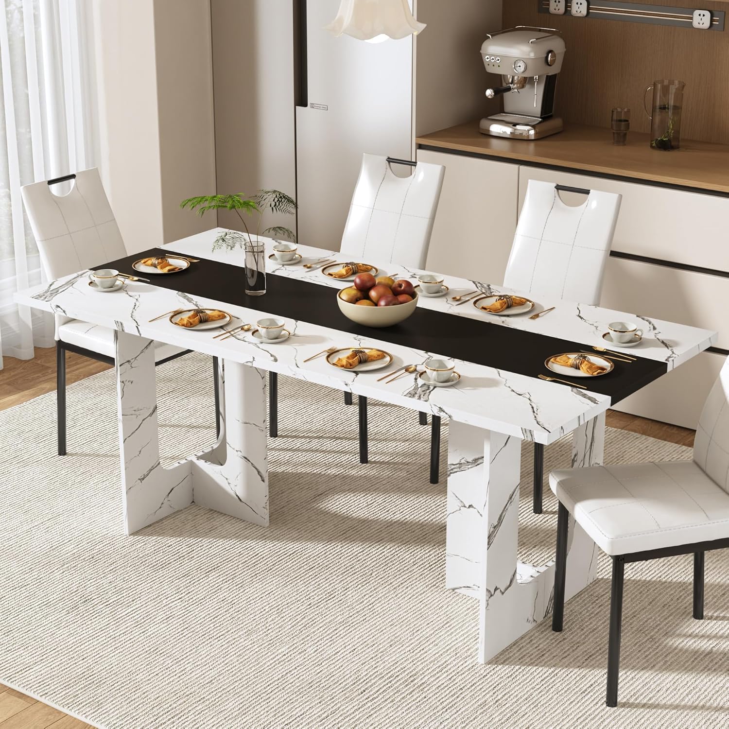 St.Mandyu 7 Pieces Dining Table & Chairs Set for 4-8 People, 71 Inch Kitchen Table with 6 Chairs, Rectangle Dining Table with Wooden Legs for Dining Room, Living Room, White