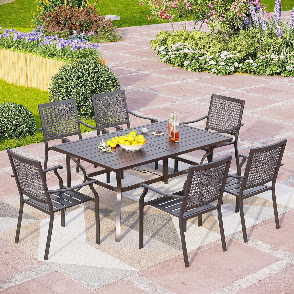 PHI VILLA Outdoor Dining Table for 6, 60' Long Rectangular Metal Wrought Iron Table with Umbrella Hole, All-Weather Large Furniture for Patio, Backyard, Porch