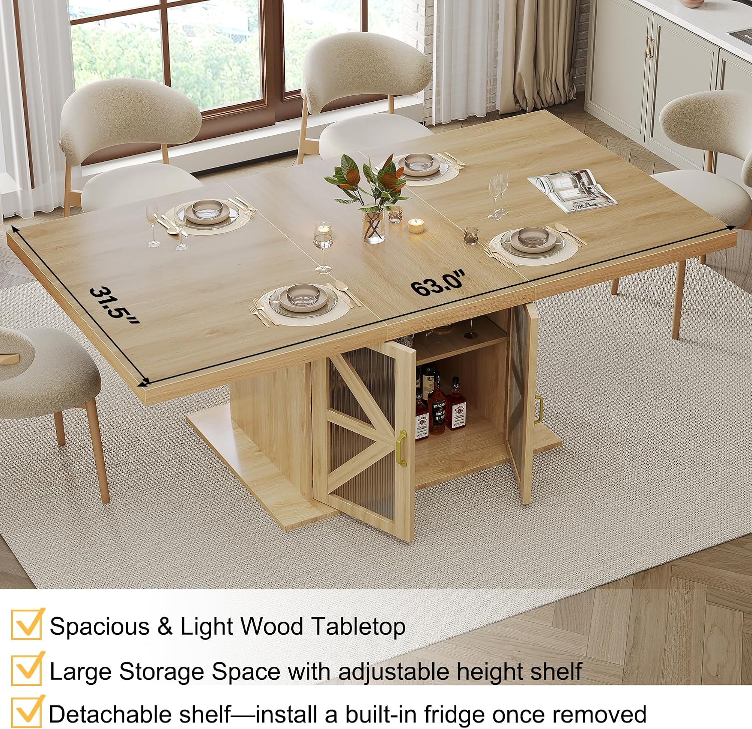LVB Dining Table for 4-6, Modern Wood Dining Room Table, Farmhouse Rectangular Kitchen Table with Storage & Fridge Space, Large Rustic Eating Dinner Tables for Kitchen, Living Room, Oak, 63 Inch