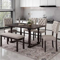 6 Pieces Dining Table Chair Set, Rectangle Dining Table with 4 Upholstered Chairs & a Bench, Wood Kitchen Table Chairs Set for 6 Persons, Modern Style Dining Room Set (Espresso+ Beige)
