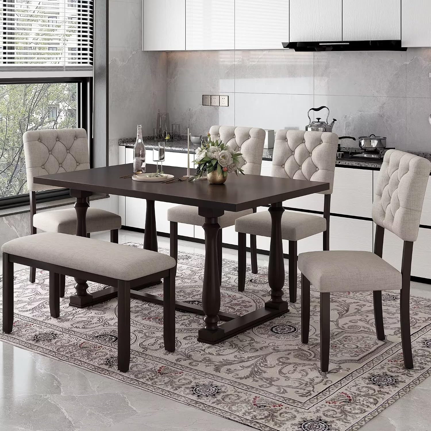 6 Pieces Dining Table Chair Set, Rectangle Dining Table with 4 Upholstered Chairs & a Bench, Wood Kitchen Table Chairs Set for 6 Persons, Modern Style Dining Room Set (Espresso+ Beige)