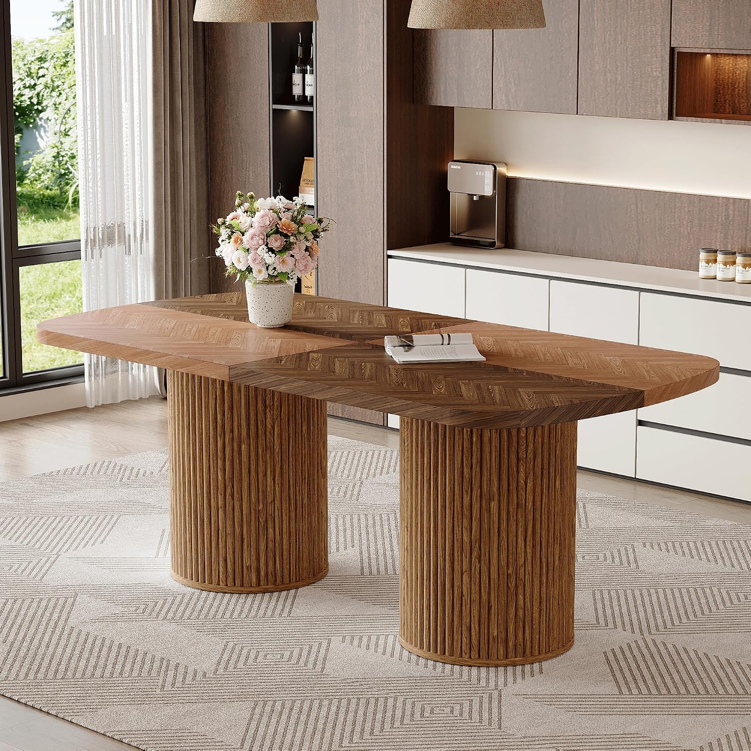 78.7' Extra Long Dining Table for 6-10 People, Farmhouse Kitchen Table with Cylindrical Fluted Bases, Modern Rectangular Dining Table for Dining Room, Kitchen, Living Room