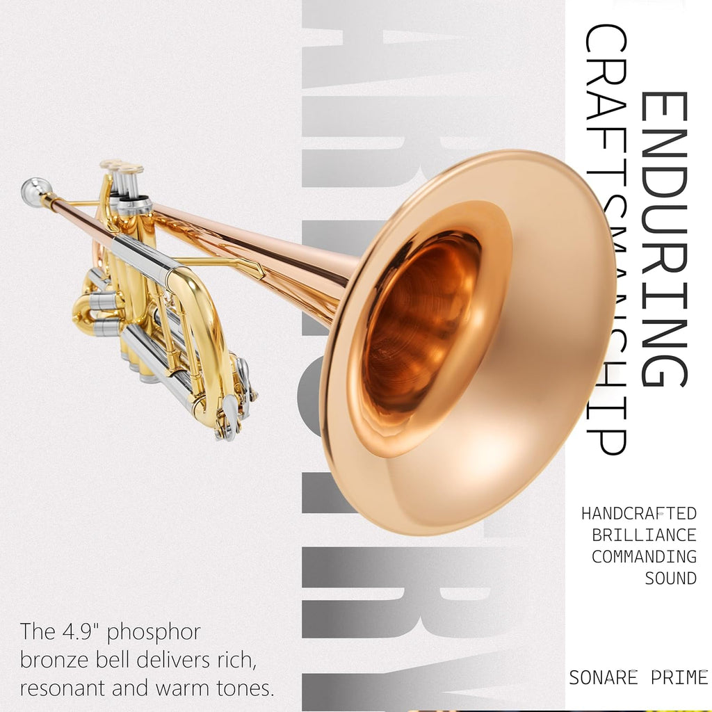 AKLOT Tri-Metallic Artistry Bb Trumpet: Phosphor Bronze Bell, Smooth Monel Valves, Double-Bar Support System, Includes Premium Leather Case, Lesson Book, 7C Mouthpiece, Mute, Cleaning Kit (SNR-PriFTG)