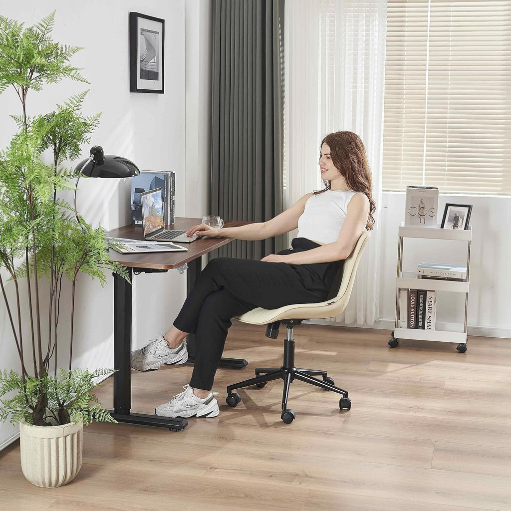 YOUNIKE Ergonomic Home Office Desk Chair with Wheels Comfy Armless Criss Cross Chair with Adjustable Back Modern Leather Upholstered Swivel Vanity Chair Small Cute Rolling Task Chair for Women Beige
