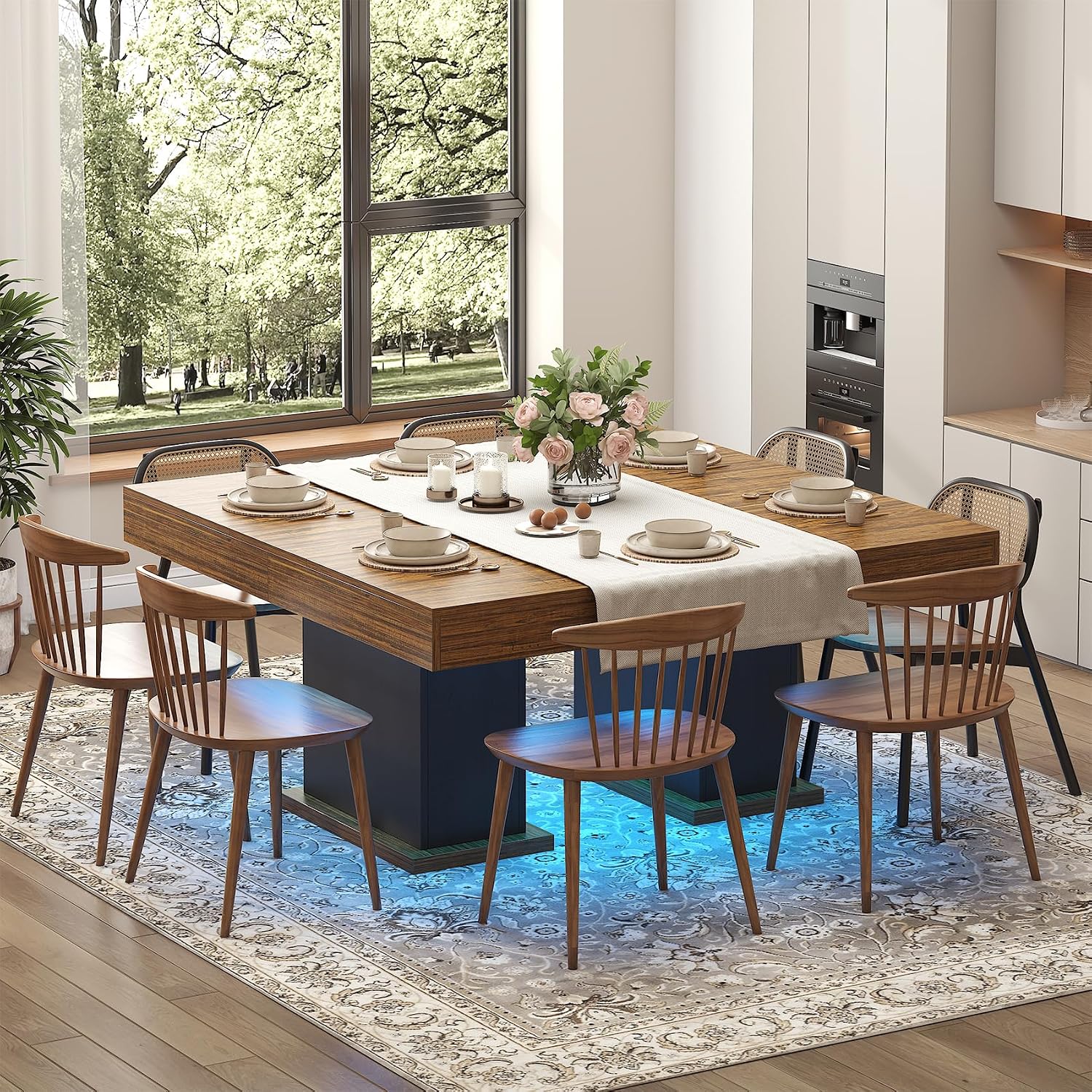 Dining Table with Drawers for 4-6 People, 55 Inches Dinner Table with Led Lights Wooden Pedestal Base, Rectangular Kitchen Table for Kitchen, Living Room, Black& Rustic Brown