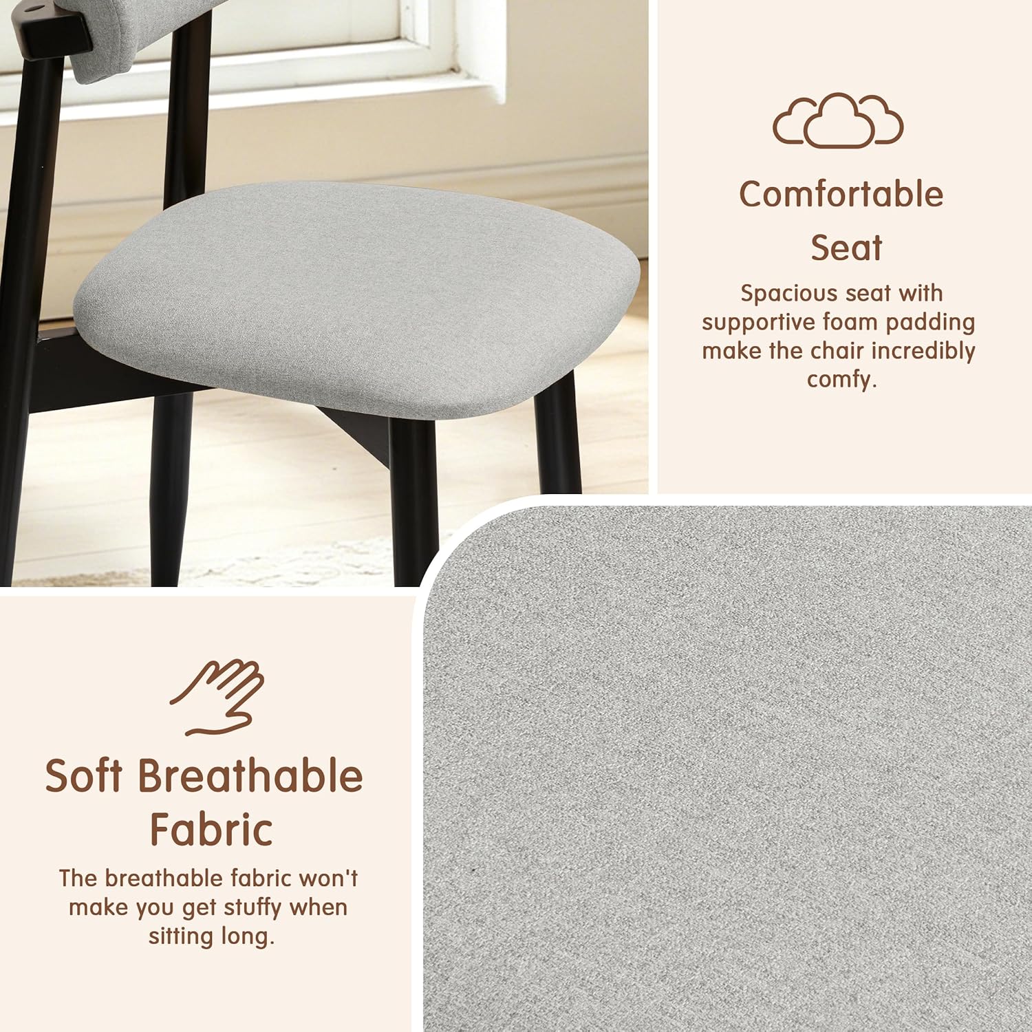 CHUN YI Dining Chairs Set of 4, Upholstered Solid Wood Dining Room Chairs, Mid Century Modern Fabric Kitchen Chairs with Ergonomic Curved Back, Gray (Only Chairs)