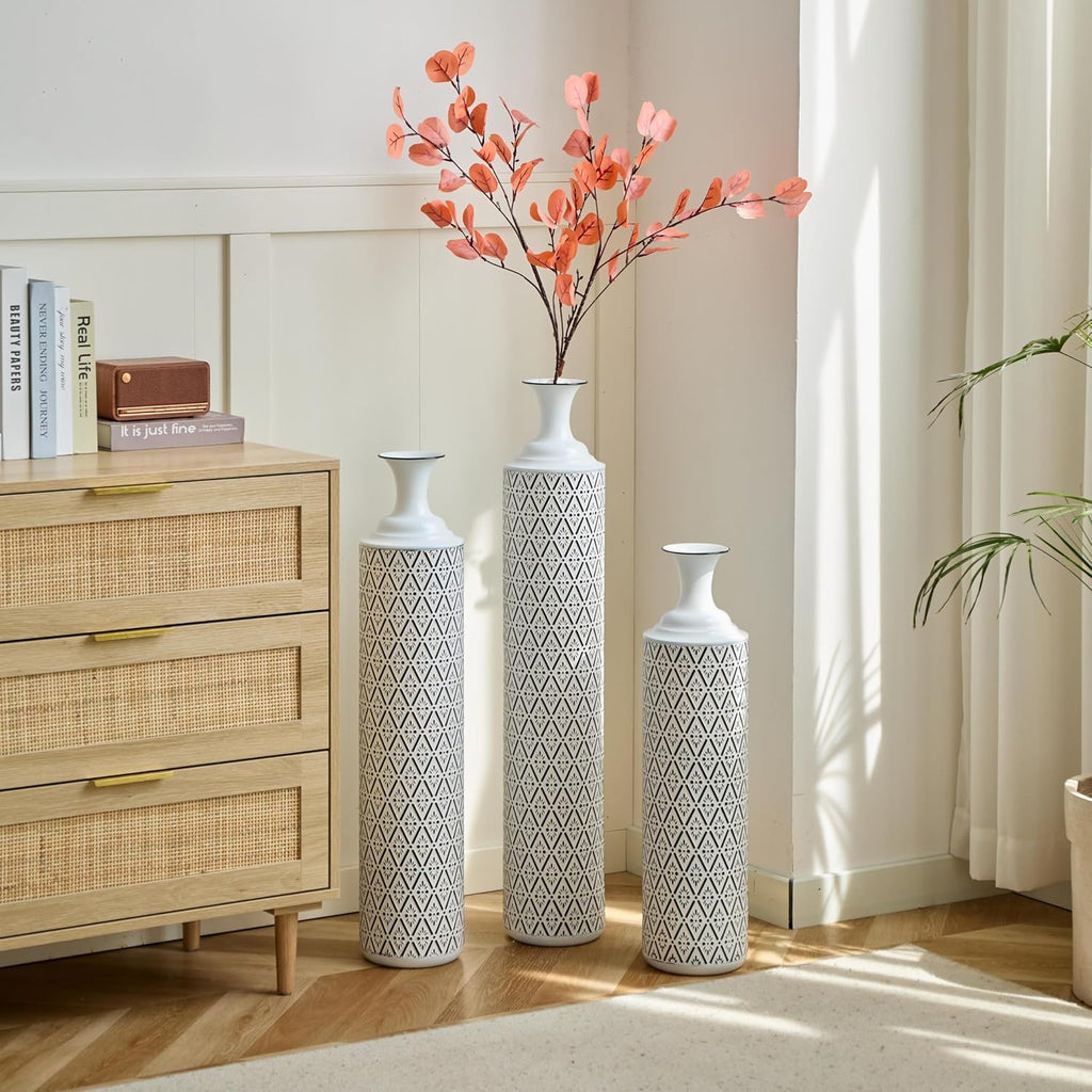 Tall Floor Vases Set of 3 - Modern White Metal Vases with Black Geometric Pattern, Decorative Cylinder Vase for Living Room, Home Decor, Entryway & Wedding Centerpieces (White+Black Rhombus)
