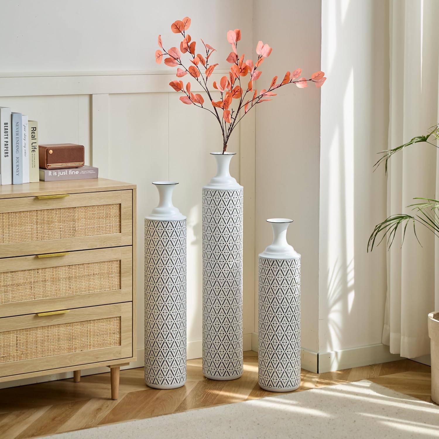 Tall Floor Vases Set of 3 - Modern White Metal Vases with Black Geometric Pattern, Decorative Cylinder Vase for Living Room, Home Decor, Entryway & Wedding Centerpieces (White+Black Rhombus)