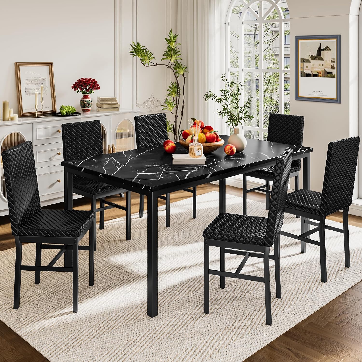 Recaceik Dining Table Set for 6, Faux Marble 7 Piece Dining Table Set with Chairs, Kitchen Table Set with PU Leather Dining Chairs for Small Space & Breakfast Nook, Black