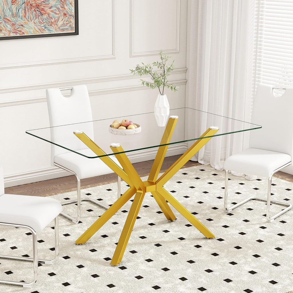 Dining Table Modern Tempered Glass Dinner Table, Rectangle Kitchen Table with Sturdy Metal Legs, Contemporary Minimalist Design, Ideal for Dining Room, Kitchen, or Small Spaces (Golden, 47.24')