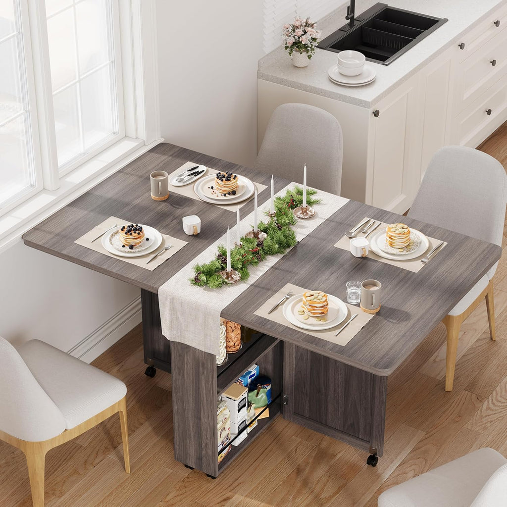 Garvee Folding Dining Table with Storage, Folding Kitchen Table with 6 Wheels, Drawer & Shelves, Compact Dining Table for Small Spaces