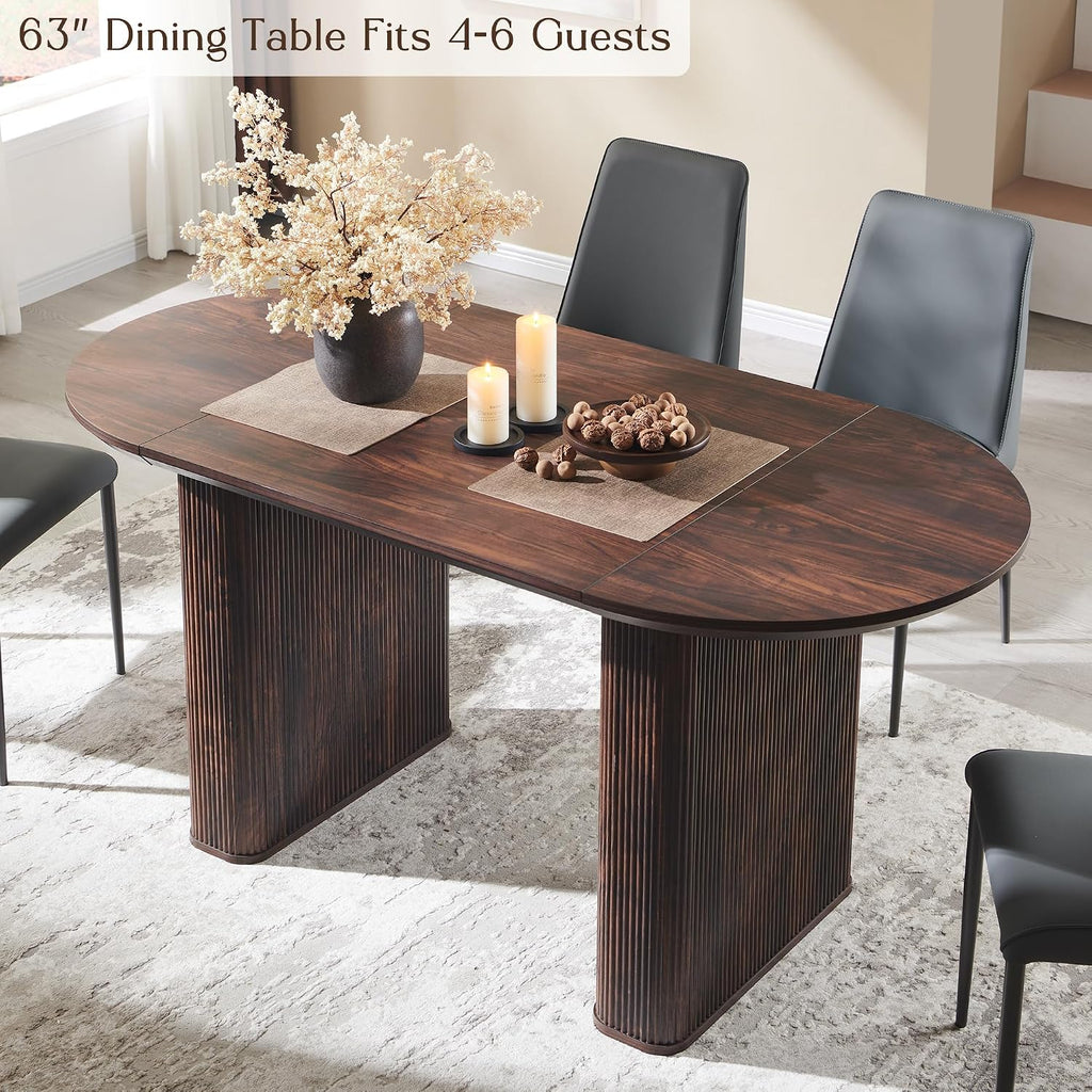 T4TREAM 63' Fluted Oval Dining Table for 4-6, Mid-Century Modern Kitchen Table with Thickened Edge & Strip Pedestal Base, Wood Luxury Table for Dining Room/Kitchen/Home Office, Walnut (Table Only)