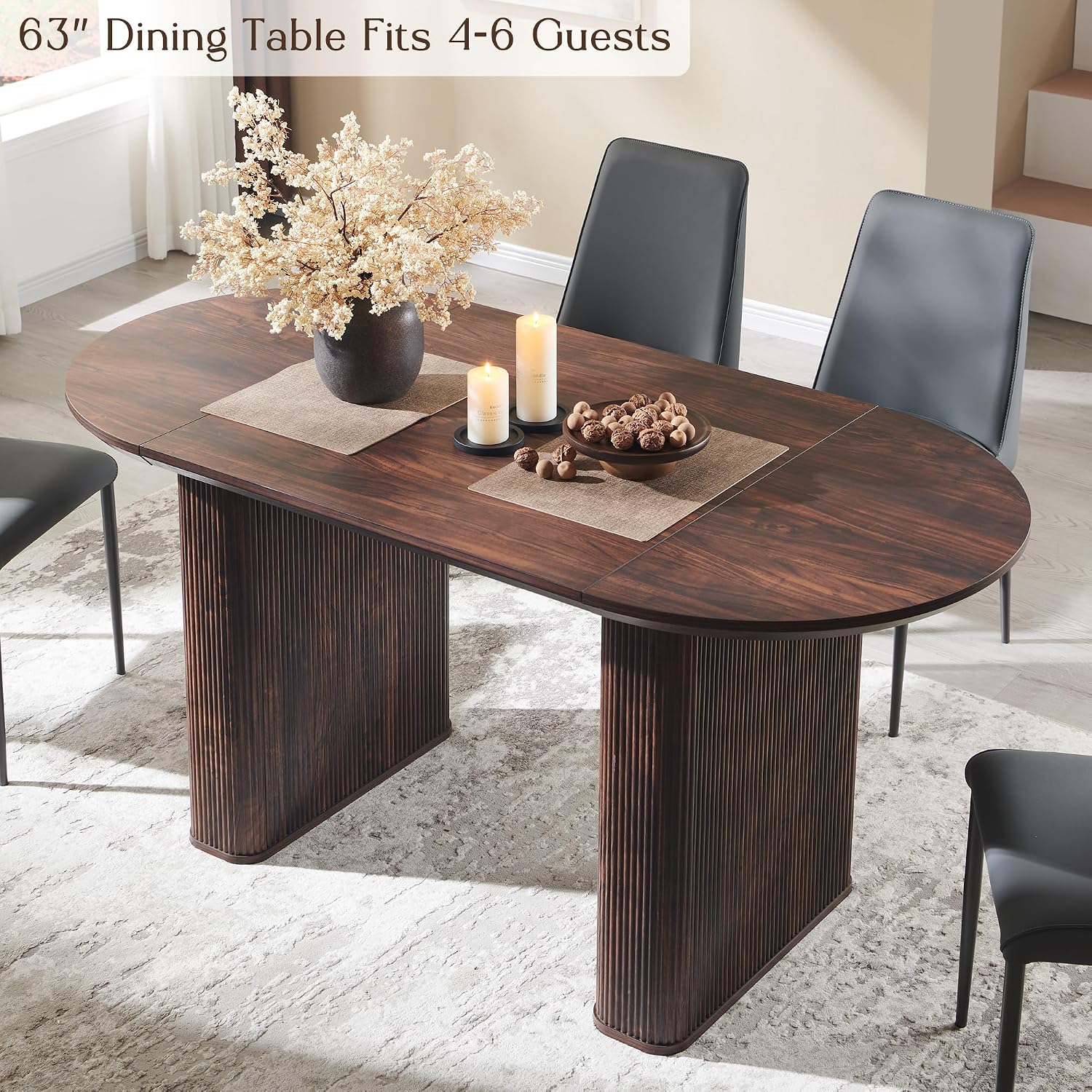 T4TREAM 63' Fluted Oval Dining Table for 4-6, Mid-Century Modern Kitchen Table with Thickened Edge & Strip Pedestal Base, Wood Luxury Table for Dining Room/Kitchen/Home Office, Walnut (Table Only)