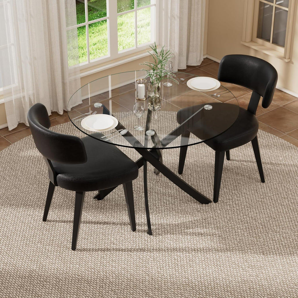 Small Dining Table Set for 2, 36' Round Kitchen Table with 2 PU Leather Dining Chairs, Tempered Glass Top with Metal Legs(All Black)