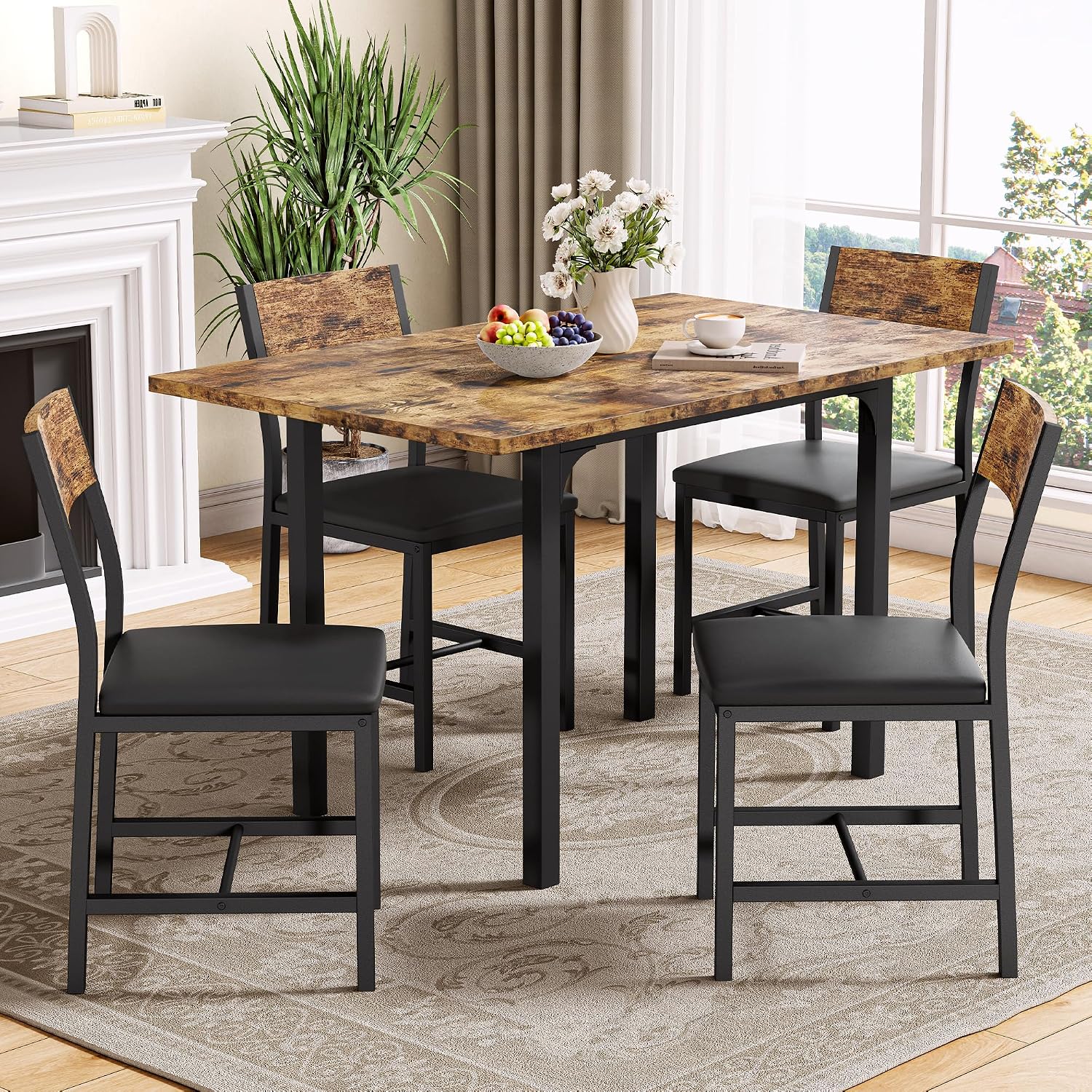 IRONCK 5-Piece Dining Table Set for 4, Extendable Kitchen Table Chairs Set of 4, Dining Room Table with 4 Upholstered Chairs, Folding for Small Space, Apartment, Rustic Brown